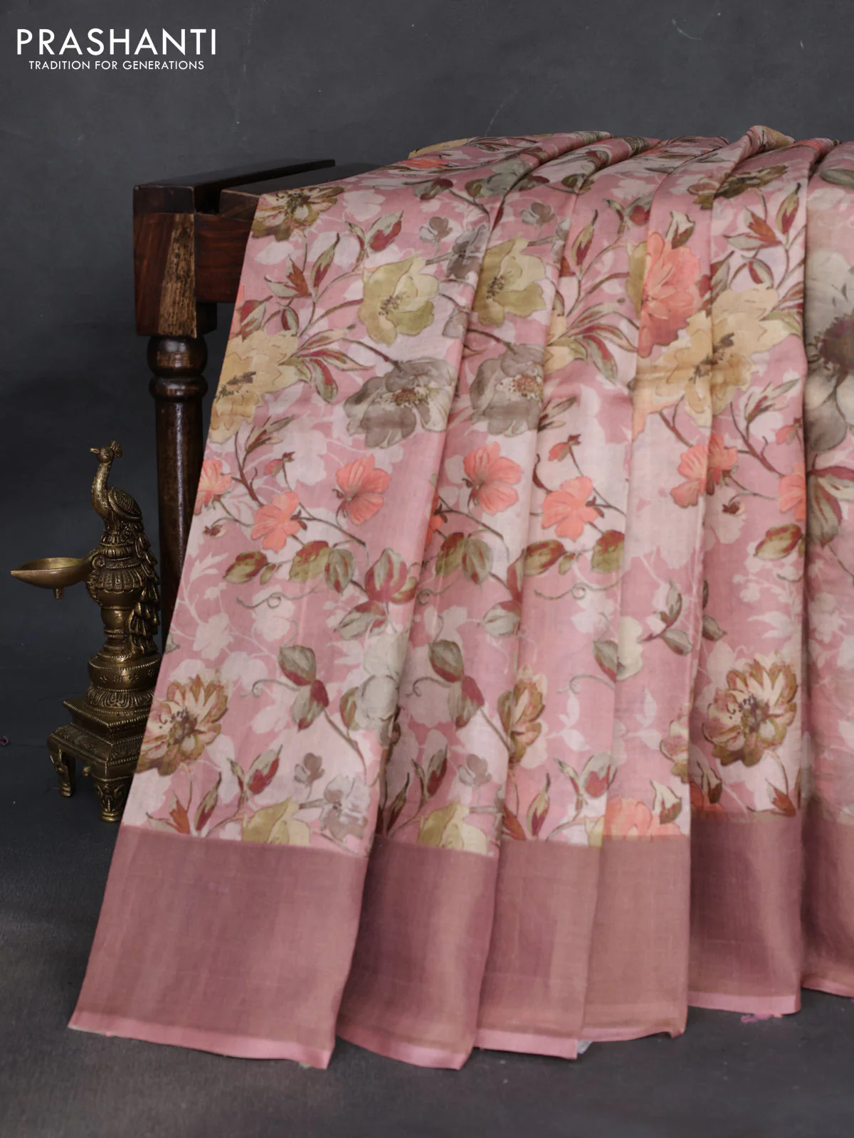 Pure tussar silk saree pastel pink with floral digital prints and zari woven border - Image 2