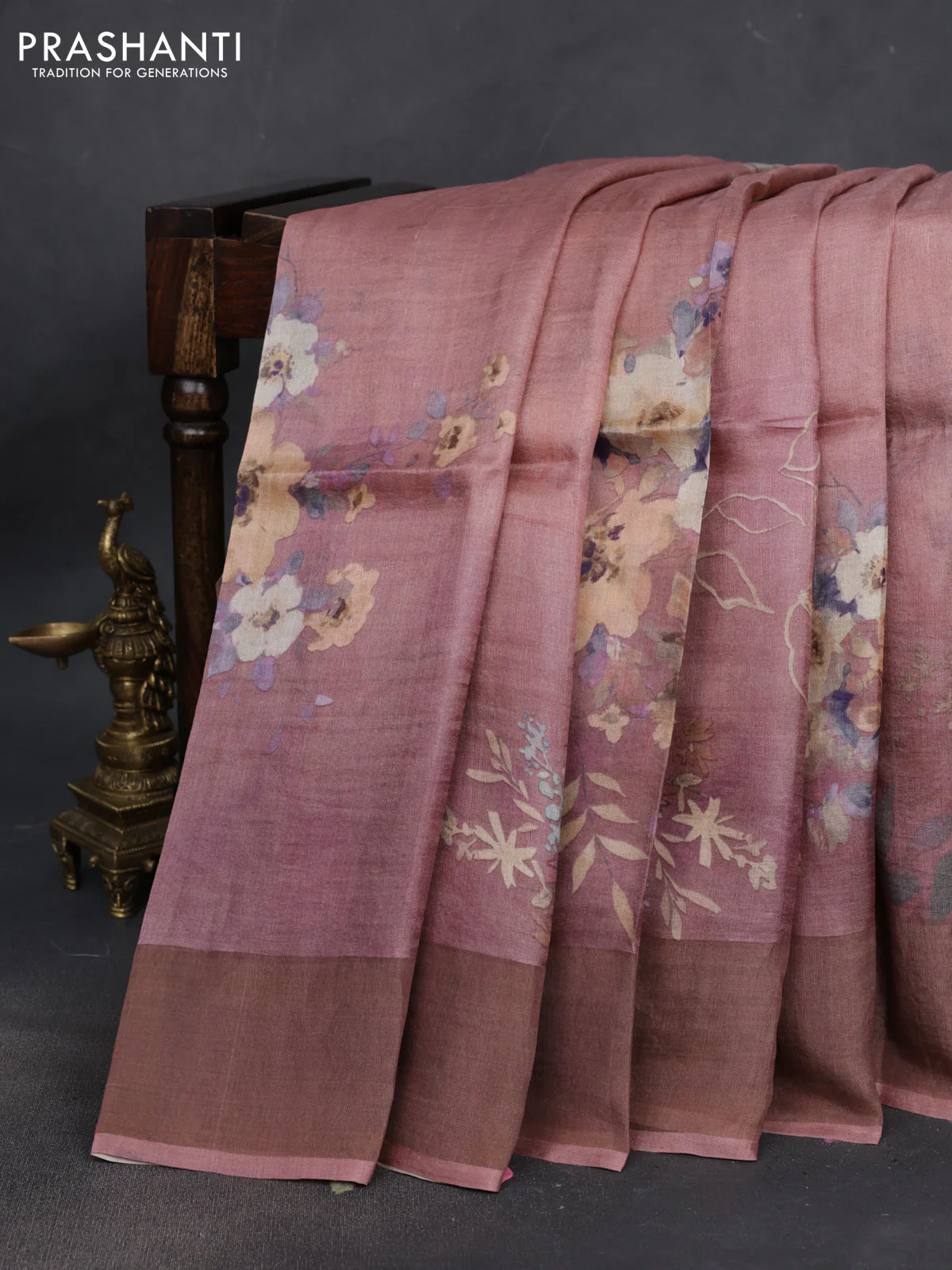 Pure tussar silk saree pastel pink with floral digital prints and zari woven border - Image 2