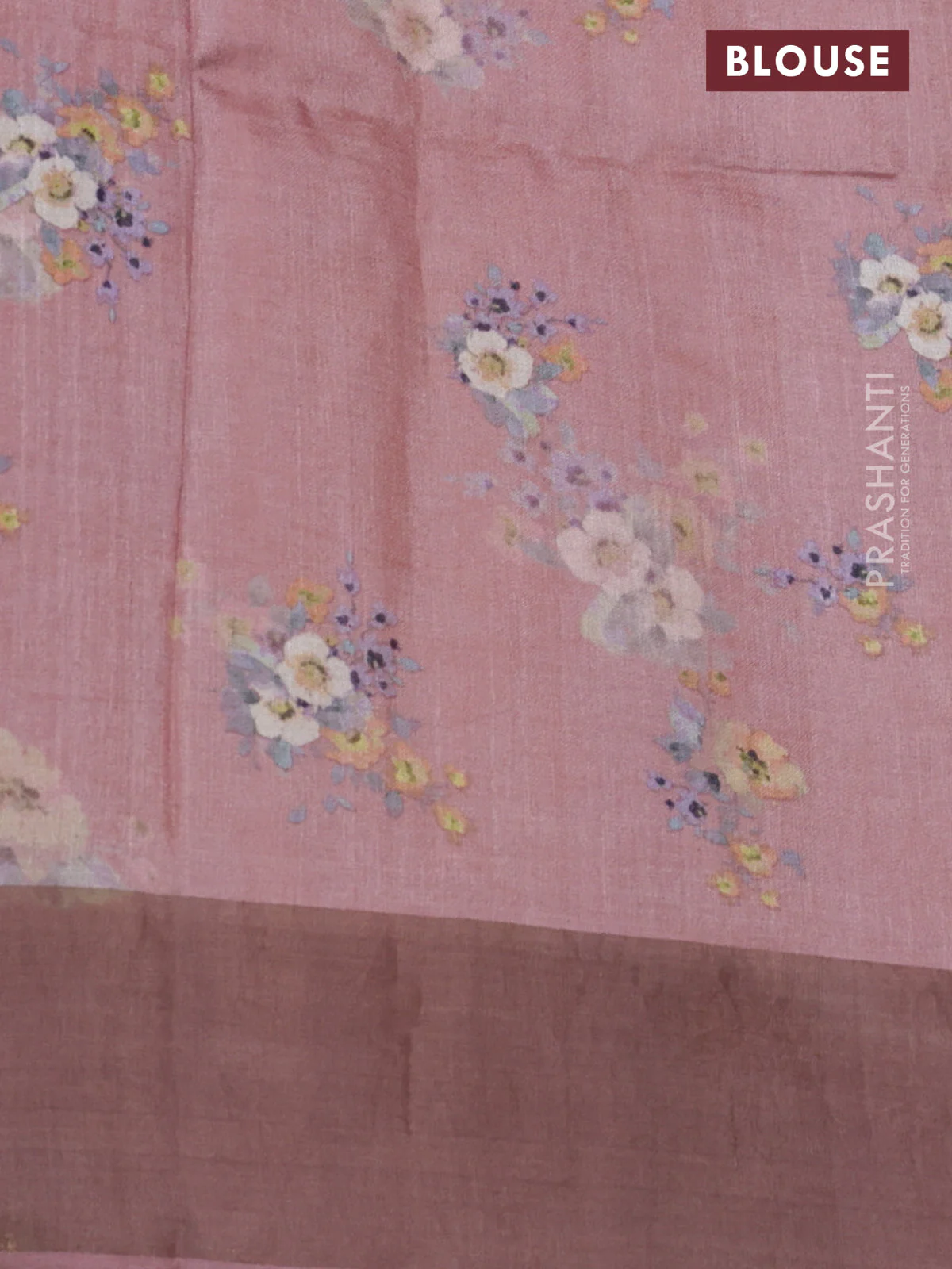 Pure tussar silk saree pastel pink with floral digital prints and zari woven border - Image 3
