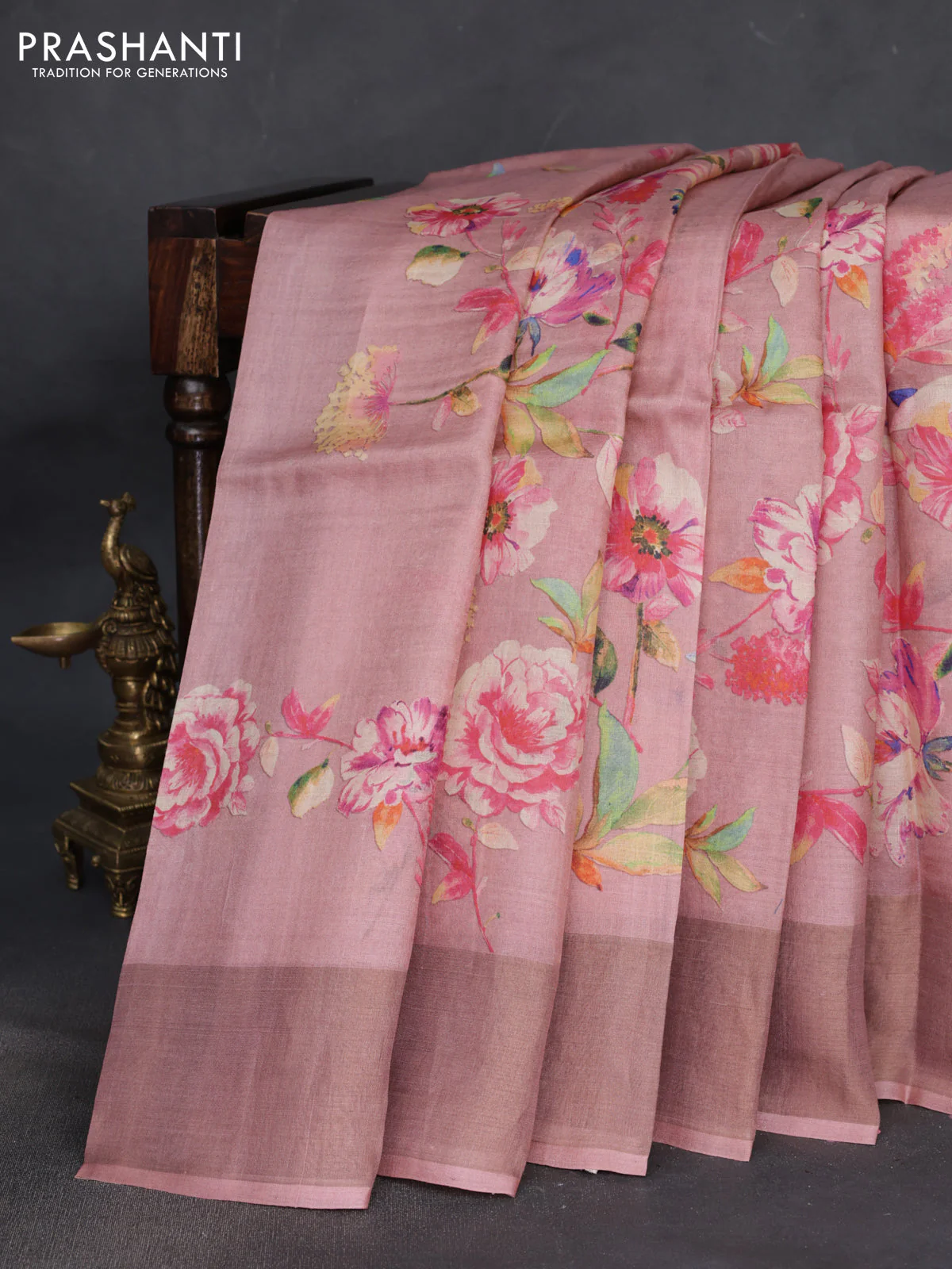 Pure tussar silk saree pastel pink with floral digital prints and zari woven border - Image 2