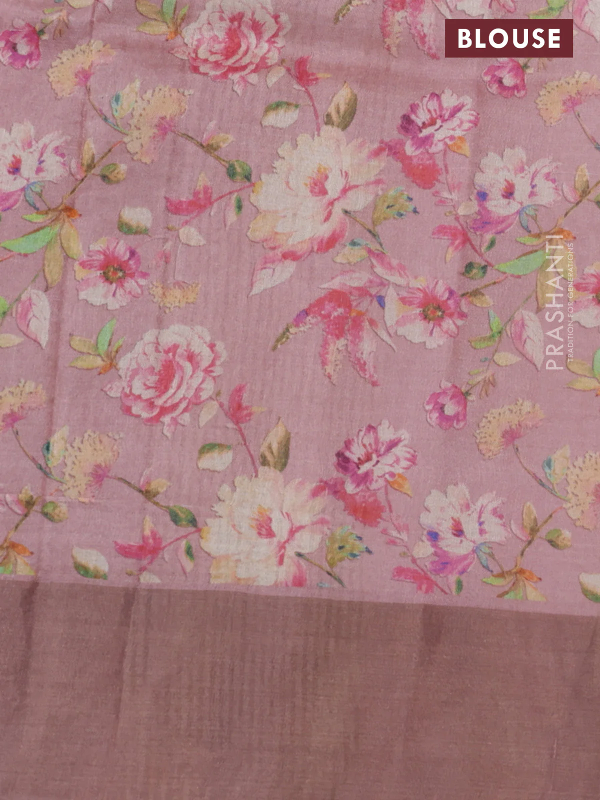 Pure tussar silk saree pastel pink with floral digital prints and zari woven border - Image 3