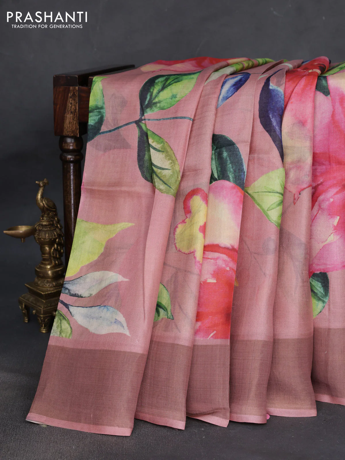 Pure tussar silk saree pastel pink with floral digital prints and zari woven border - Image 2