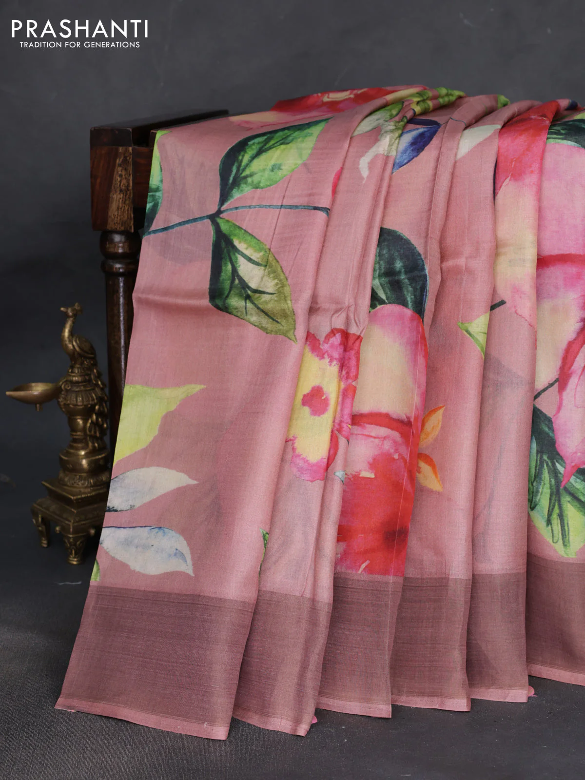 Pure tussar silk saree pastel pink with floral digital prints and zari woven border - Image 2