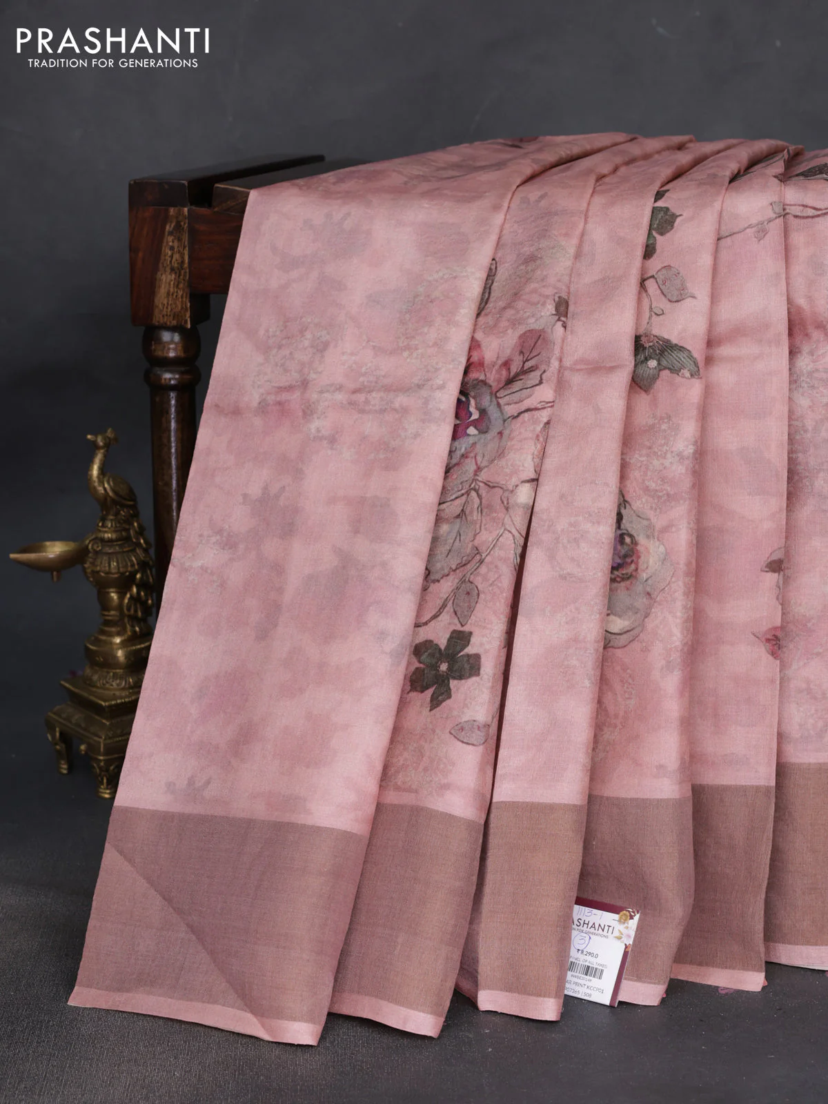 Pure tussar silk saree pastel pink with floral digital prints and zari woven border - Image 2