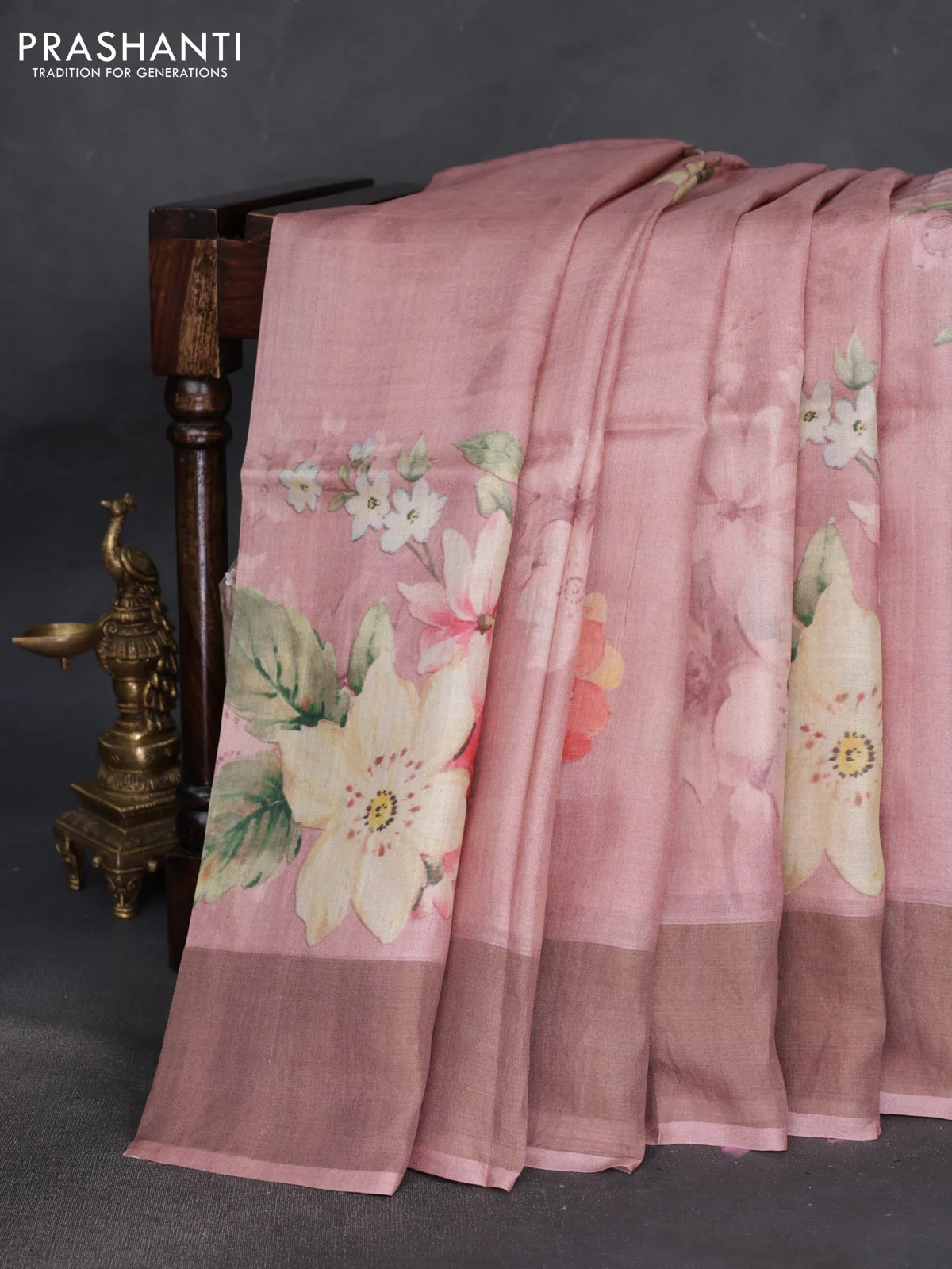 Pure tussar silk saree pastel pink with floral digital prints and zari woven border - Image 2