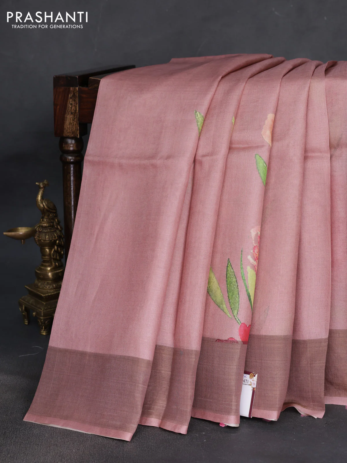 Pure tussar silk saree pastel pink with floral digital prints and zari woven border - Image 2