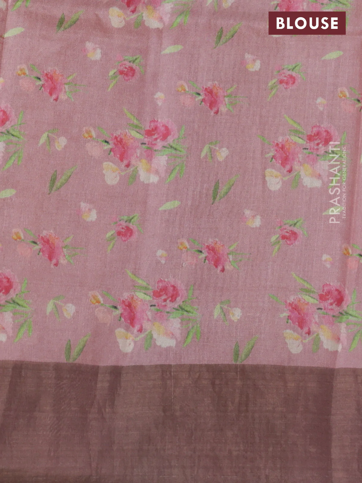 Pure tussar silk saree pastel pink with floral digital prints and zari woven border - Image 3