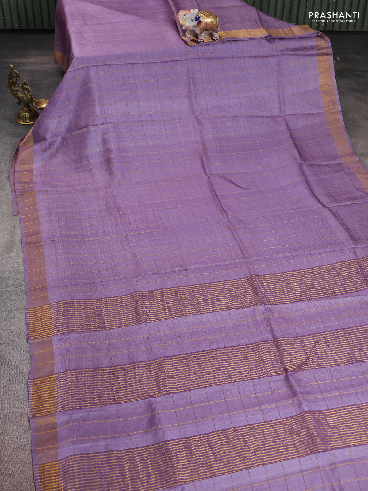 Pure tussar silk saree pastel purple and black with allover zari woven checked pattern and zari woven border - Image 2