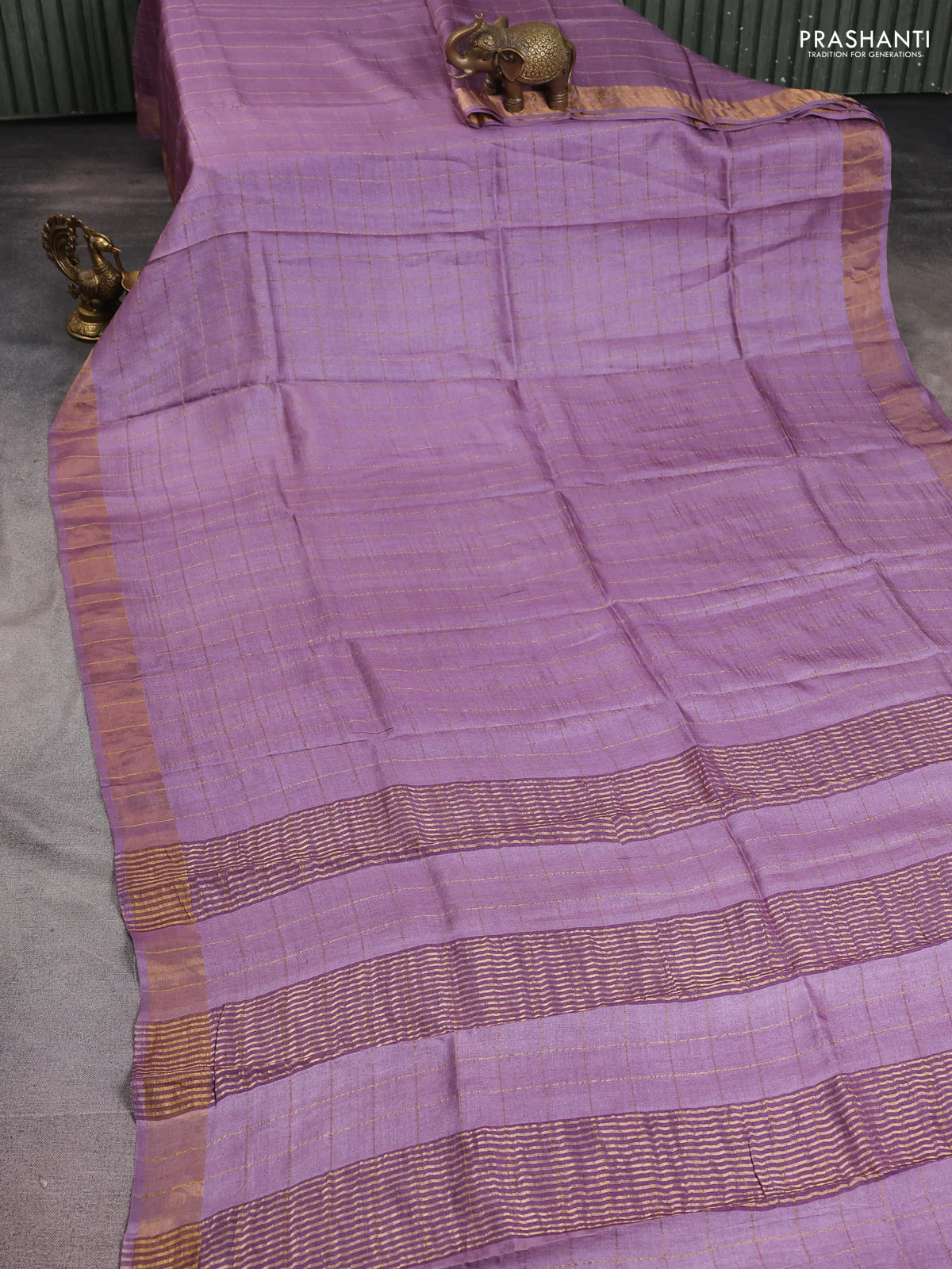 Pure tussar silk saree pastel purple and grey with allover zari checked pattern and zari woven border - Image 2