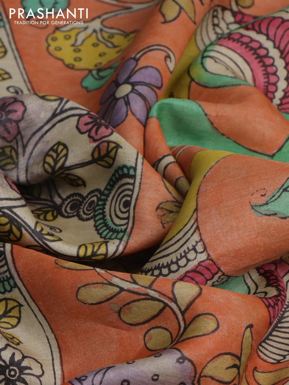 Pure tussar silk saree peach orange and brown with allover pen kalamkari prints in borderless style - Image 2