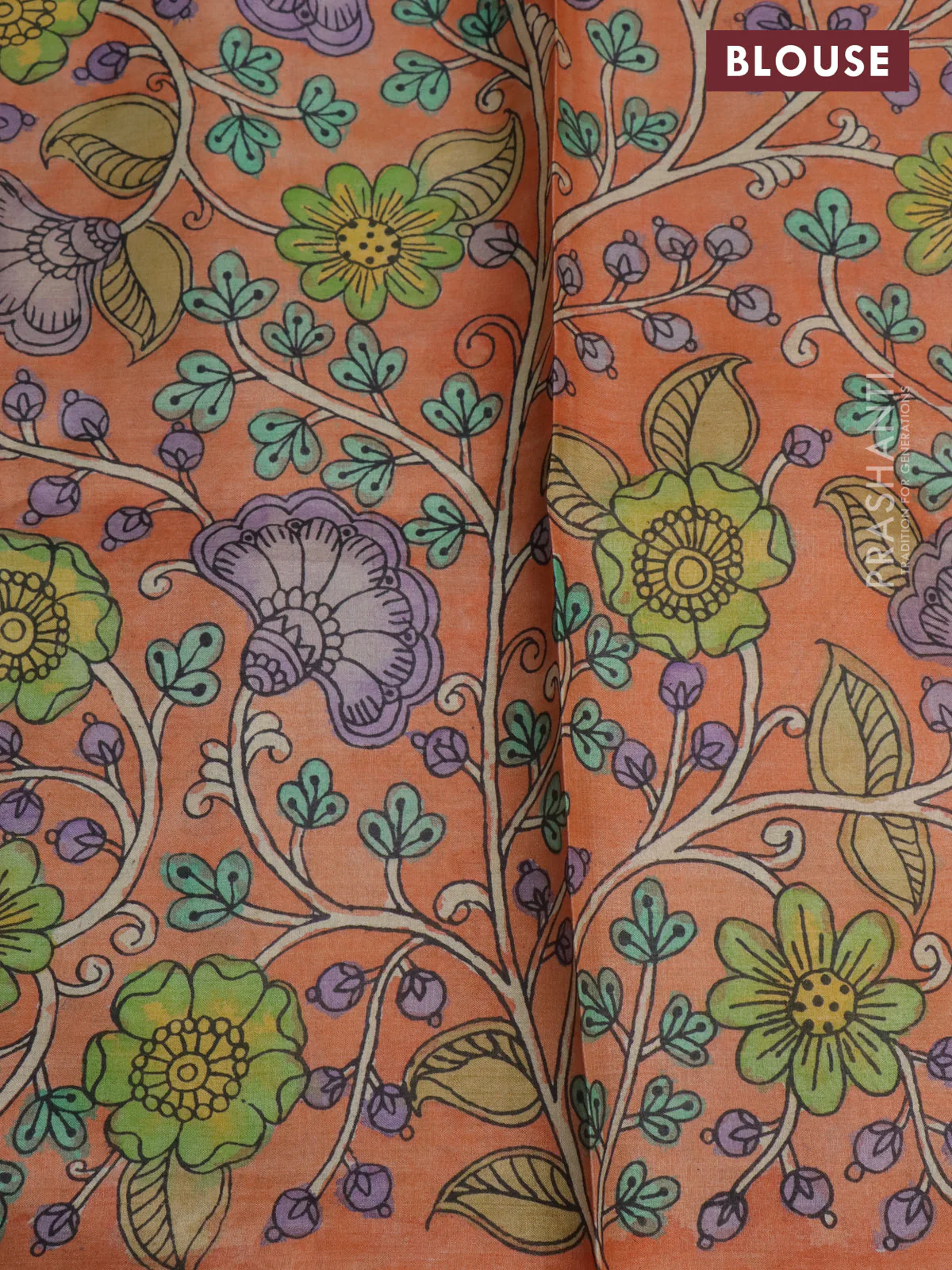 Pure tussar silk saree peach orange and brown with allover pen kalamkari prints in borderless style - Image 3