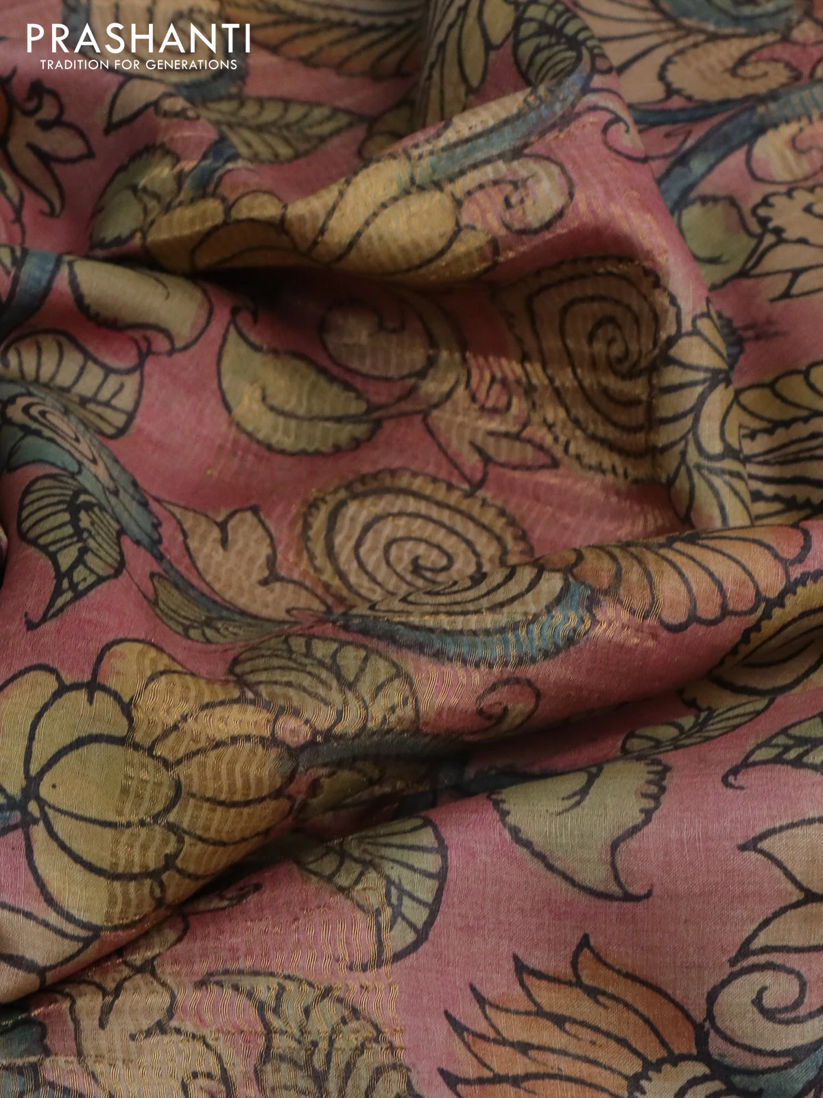 Pure tussar silk saree peach pink and grey with allover pen kalamkari prints and zari woven border - Image 2