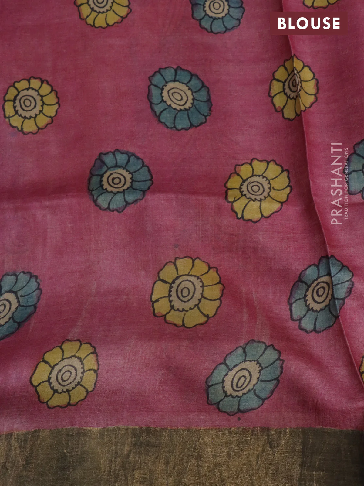 Pure tussar silk saree peach pink and grey with allover pen kalamkari prints and zari woven border - Image 3