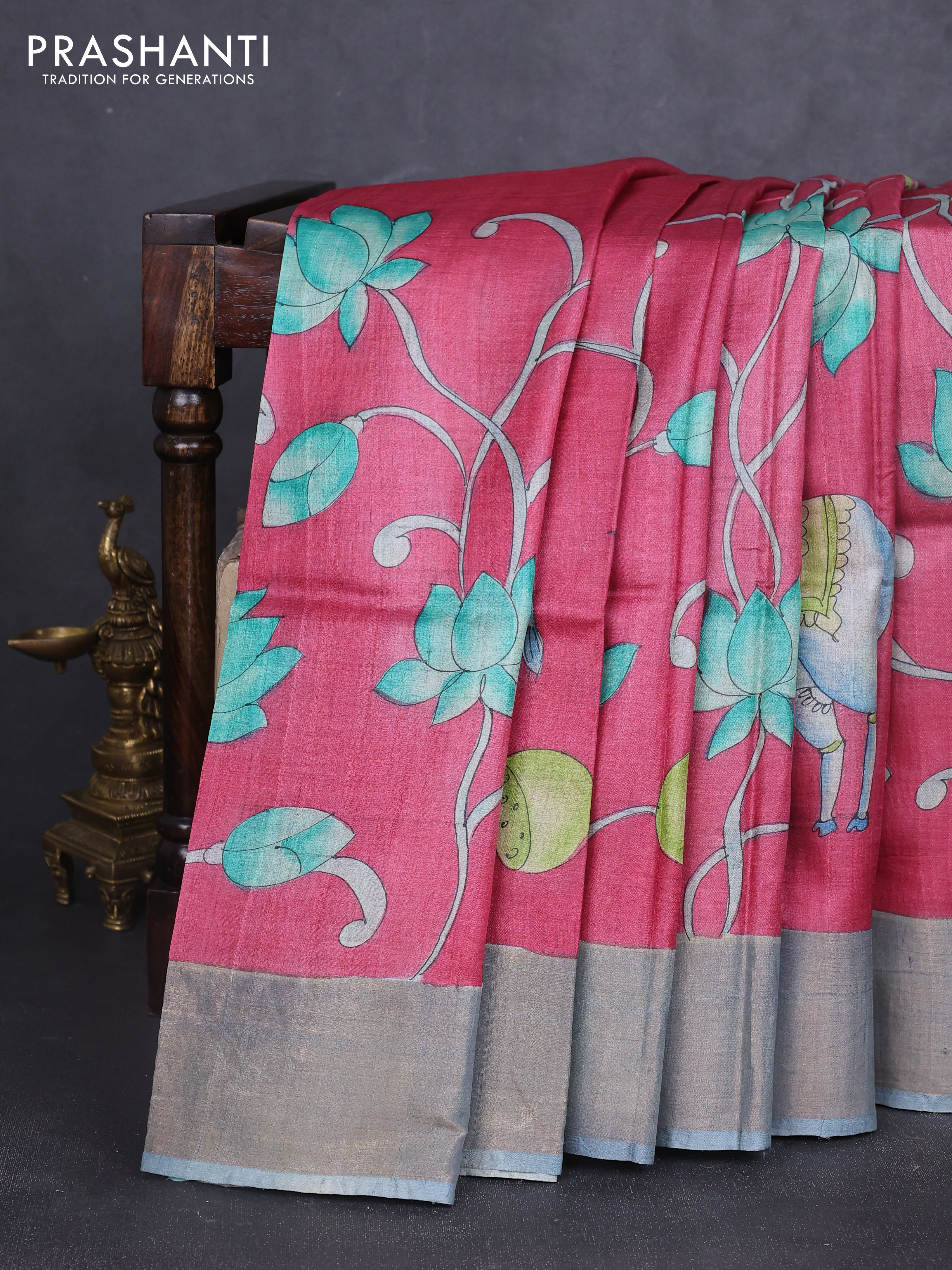 Pure tussar silk saree peach pink and pastel blue with allover pichwai hand painted prints and zari woven border