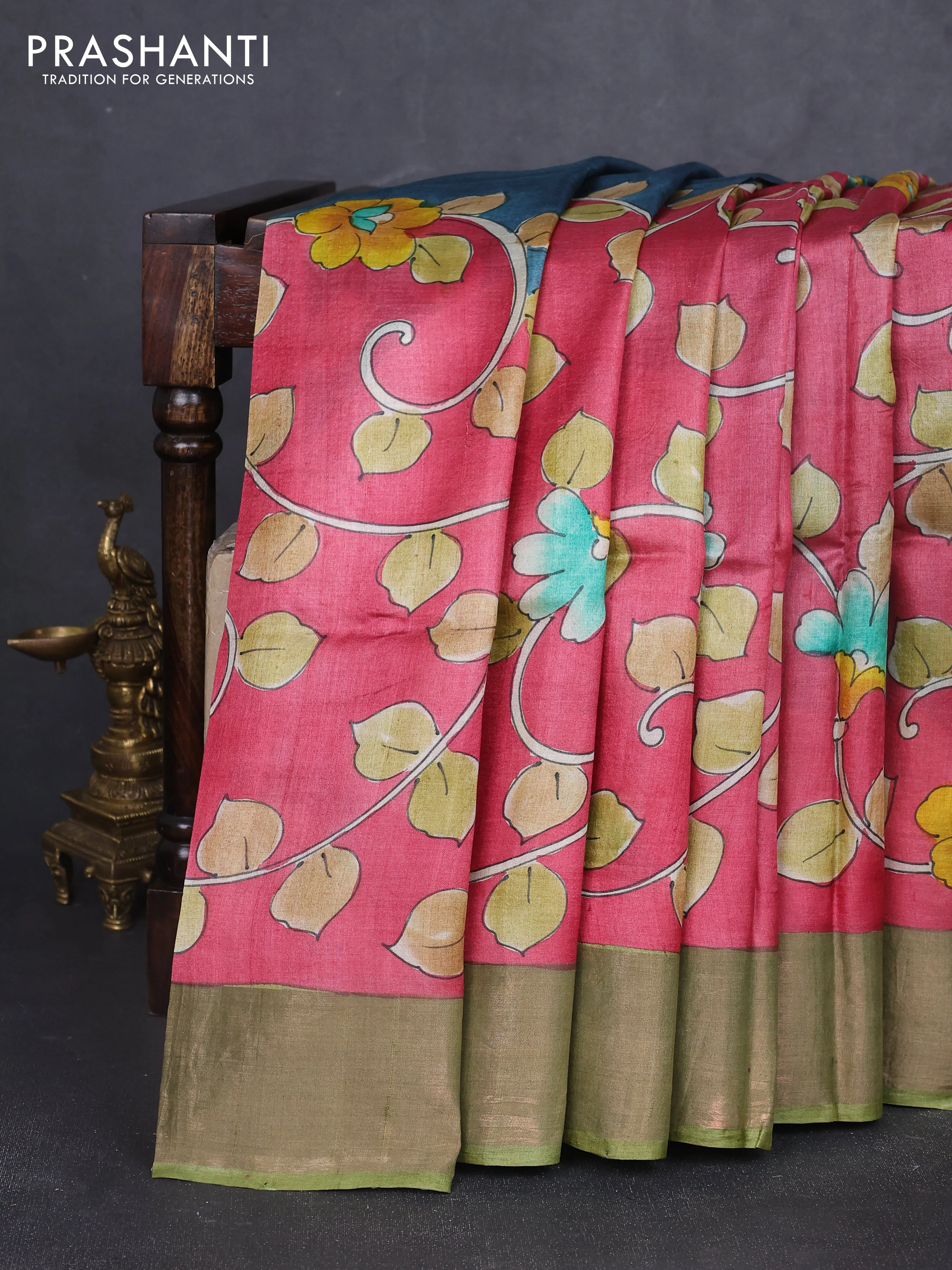 Pure tussar silk saree peach pink and pastel green with allover hand painted prints and zari woven border