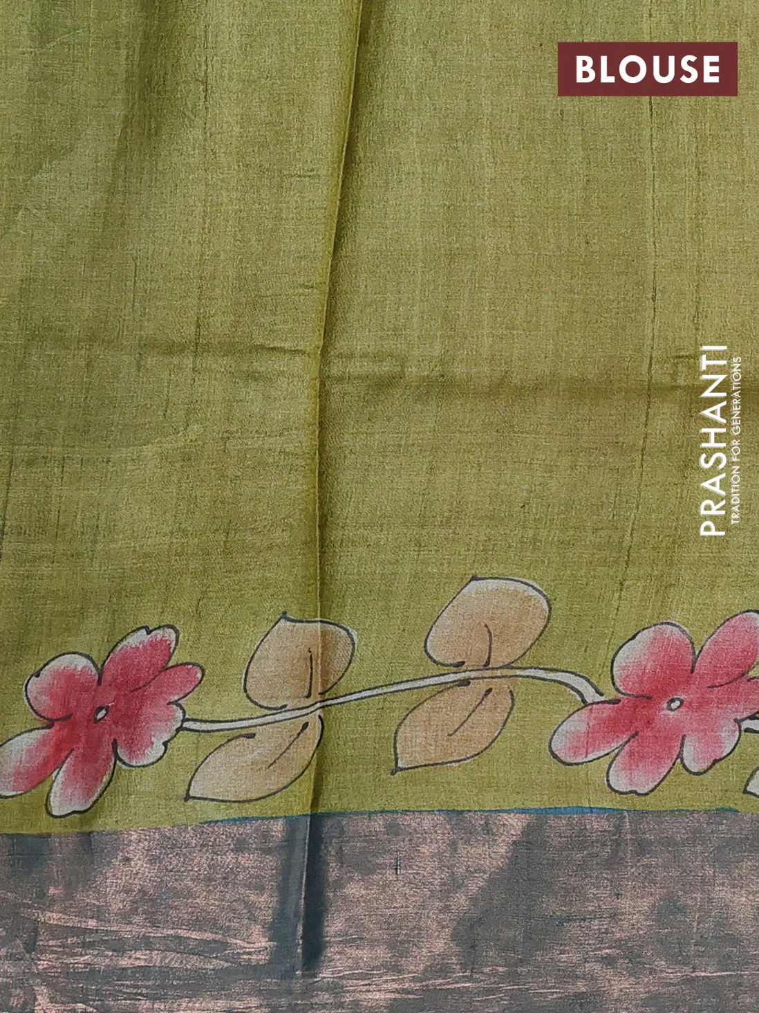 Pure tussar silk saree peach pink and pastel green with allover hand painted prints and zari woven border - Image 3