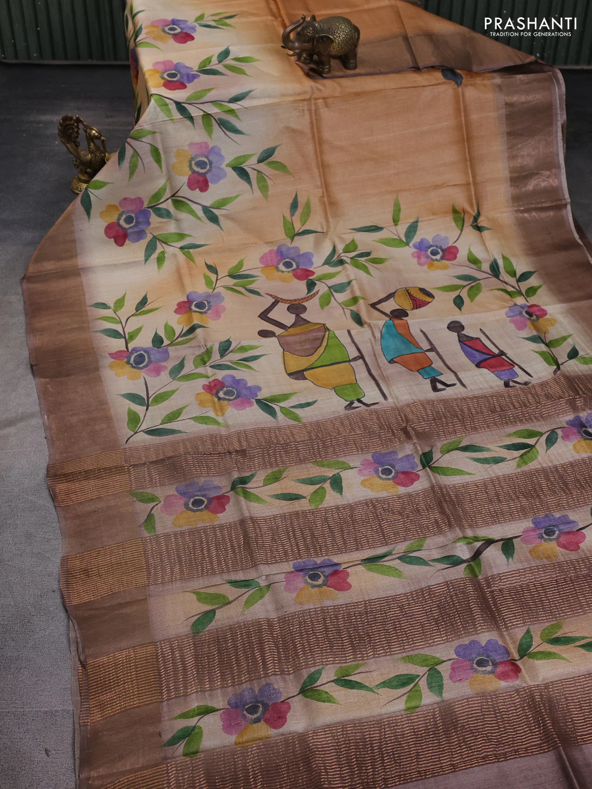 Pure tussar silk saree peach shade and brown with allover hand painted prints and zari woven border - Image 2