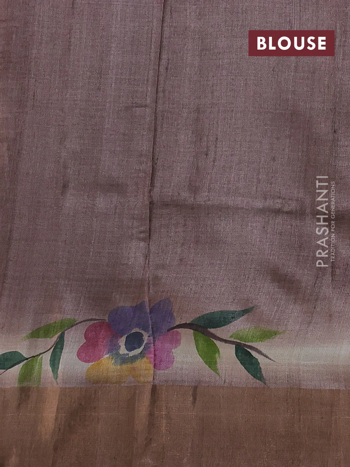 Pure tussar silk saree peach shade and brown with allover hand painted prints and zari woven border - Image 3