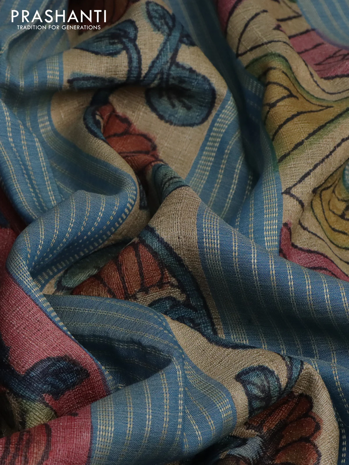Pure tussar silk saree peach shade and cs blue with allover pen kalamkari prints and temple woven border - Image 2