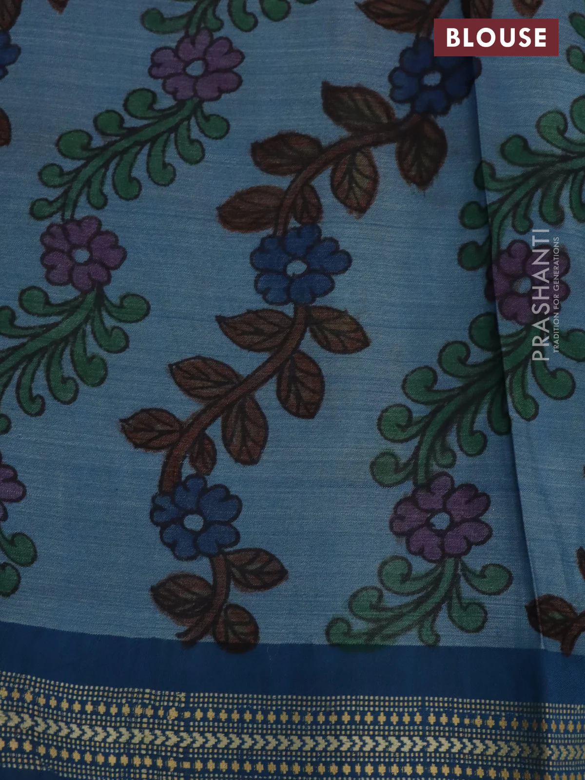 Pure tussar silk saree peach shade and cs blue with allover pen kalamkari prints and temple woven border - Image 3