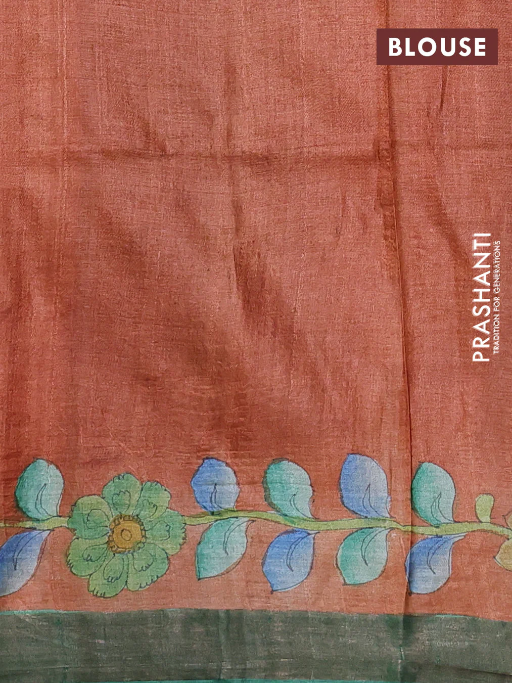Pure tussar silk saree peach shade and green with allover kalamkari hand painted prints and zari woven border - Image 3