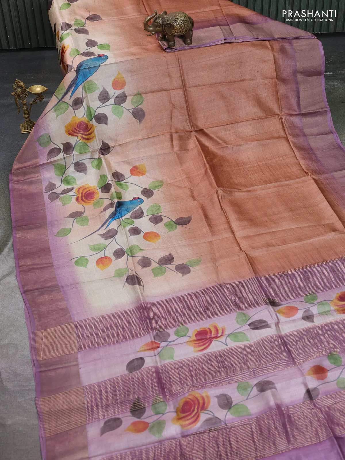 Pure tussar silk saree peach shade and purple with allover hand painted prints and zari woven border - Image 2