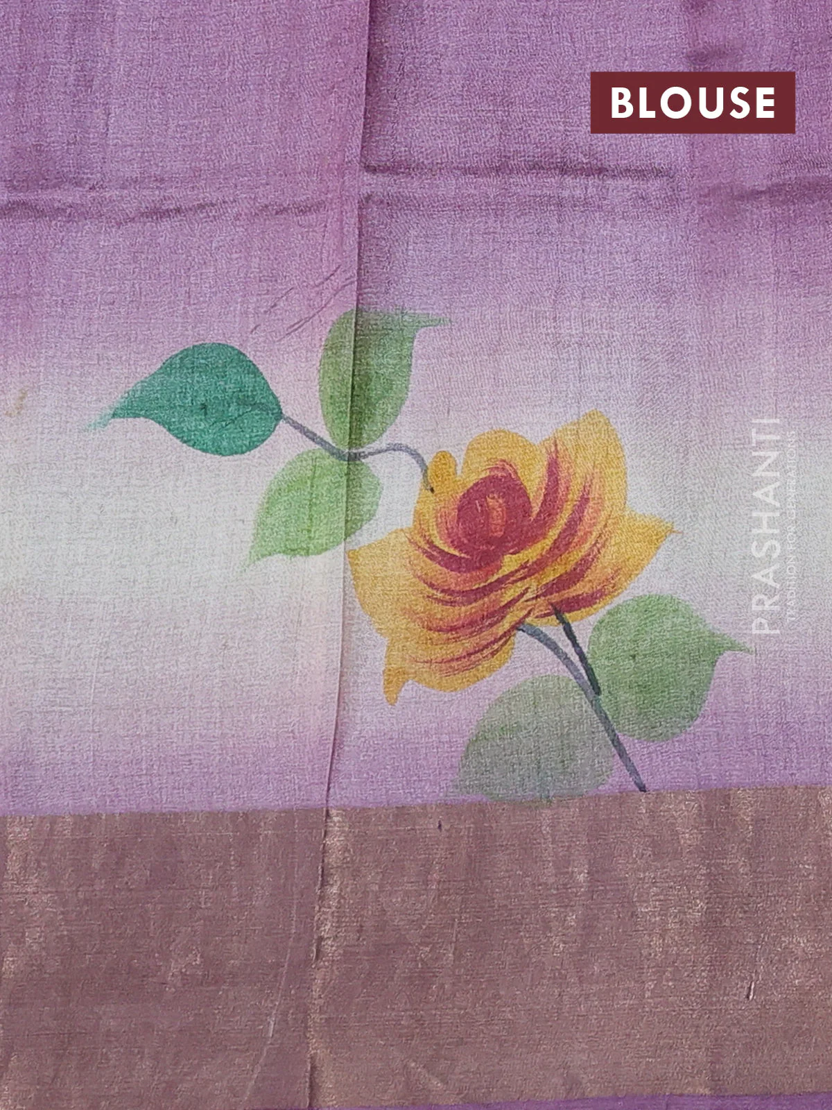 Pure tussar silk saree peach shade and purple with allover hand painted prints and zari woven border - Image 3