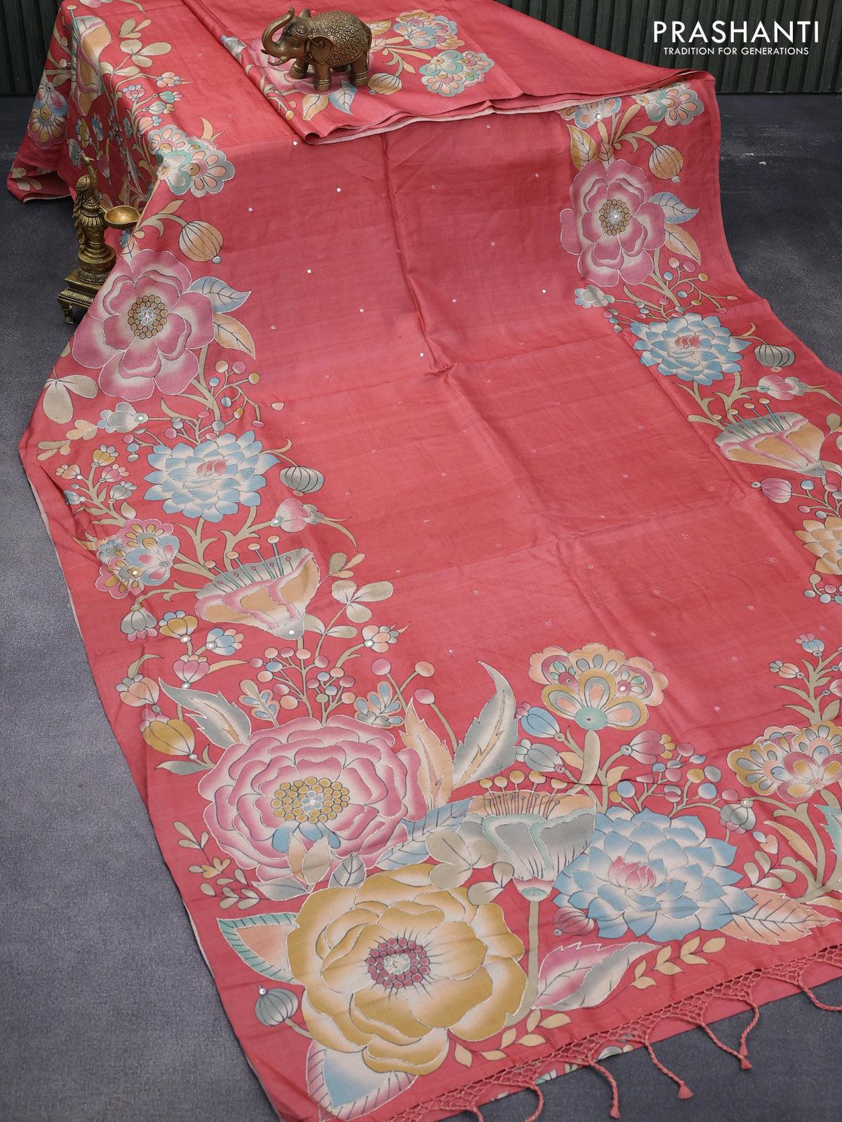 Pure tussar silk saree peach shade with allover mirror work & kalamkari prints in borderless style - Image 2