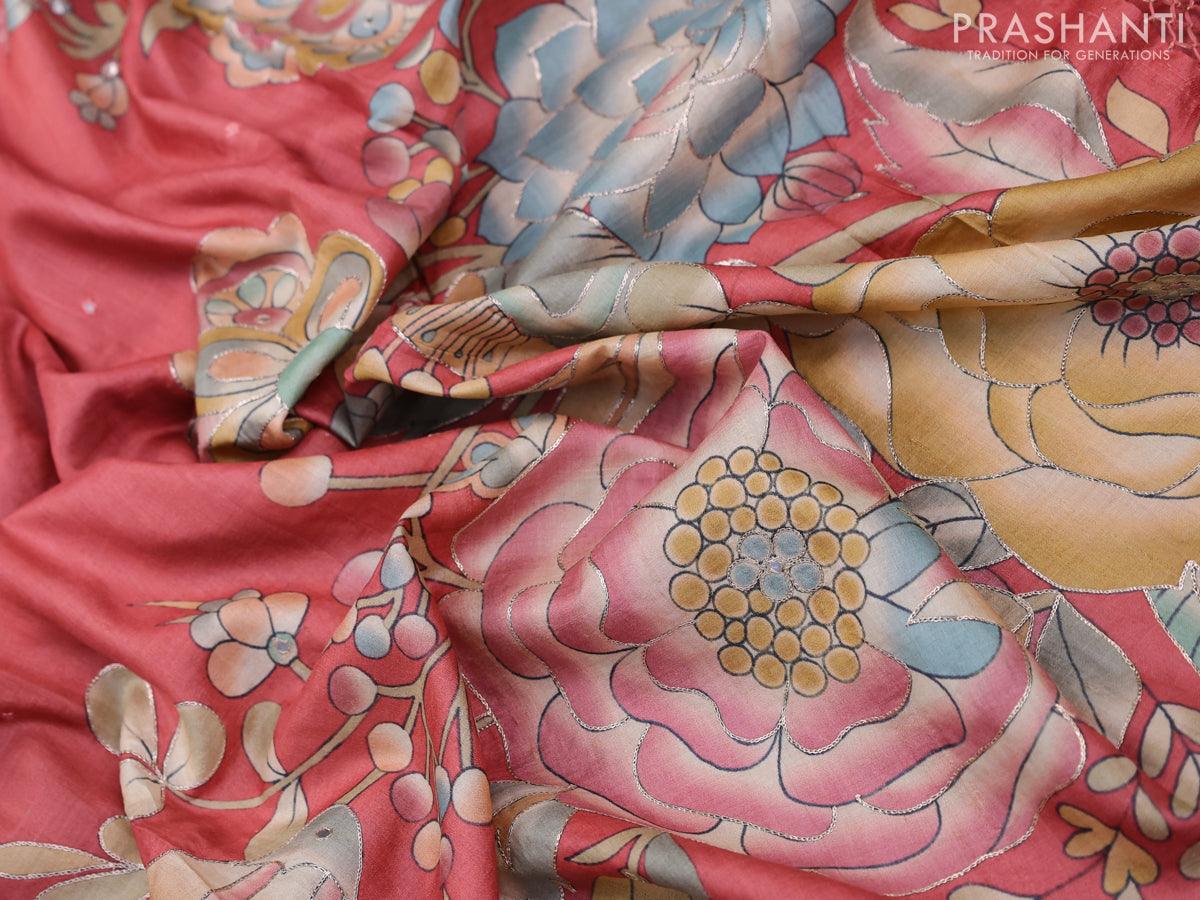 Pure tussar silk saree peach shade with allover mirror work & kalamkari prints in borderless style - Image 3