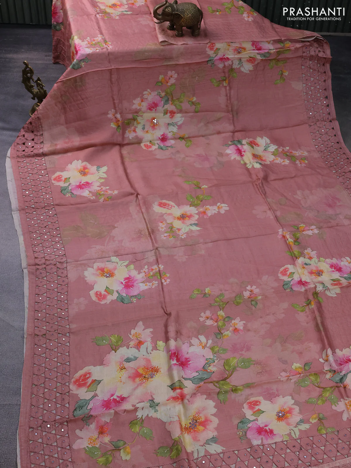 Pure tussar silk saree peach shade with floral digital prints and cut work border - Image 2