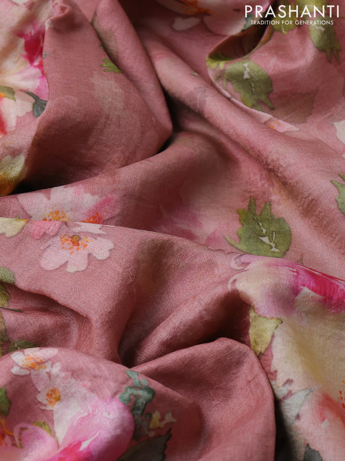 Pure tussar silk saree peach shade with floral digital prints and cut work border - Image 3