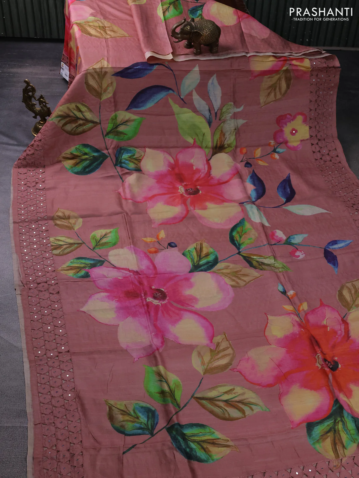 Pure tussar silk saree peach shade with floral digital prints and cut work border - Image 2