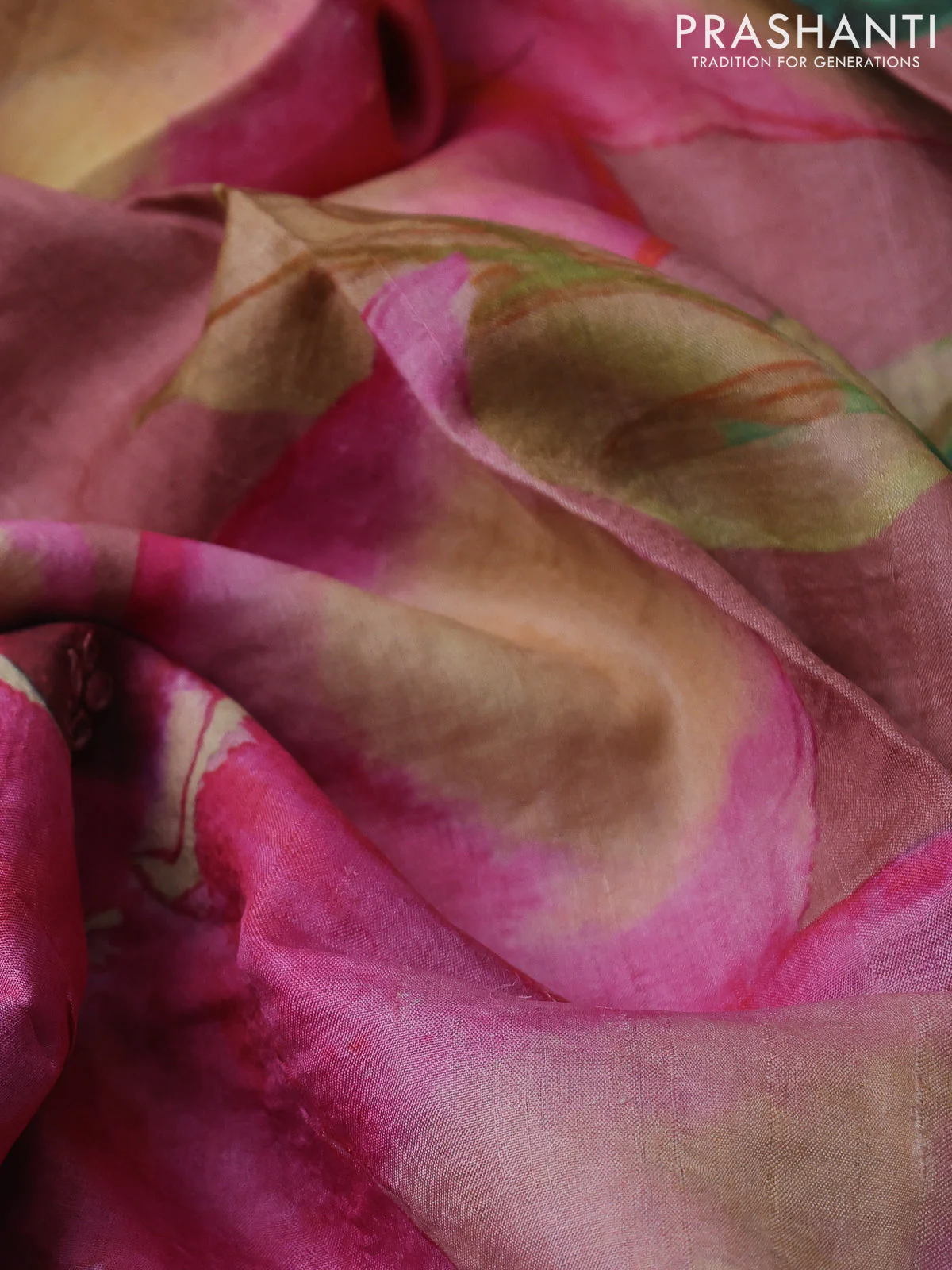 Pure tussar silk saree peach shade with floral digital prints and cut work border - Image 3
