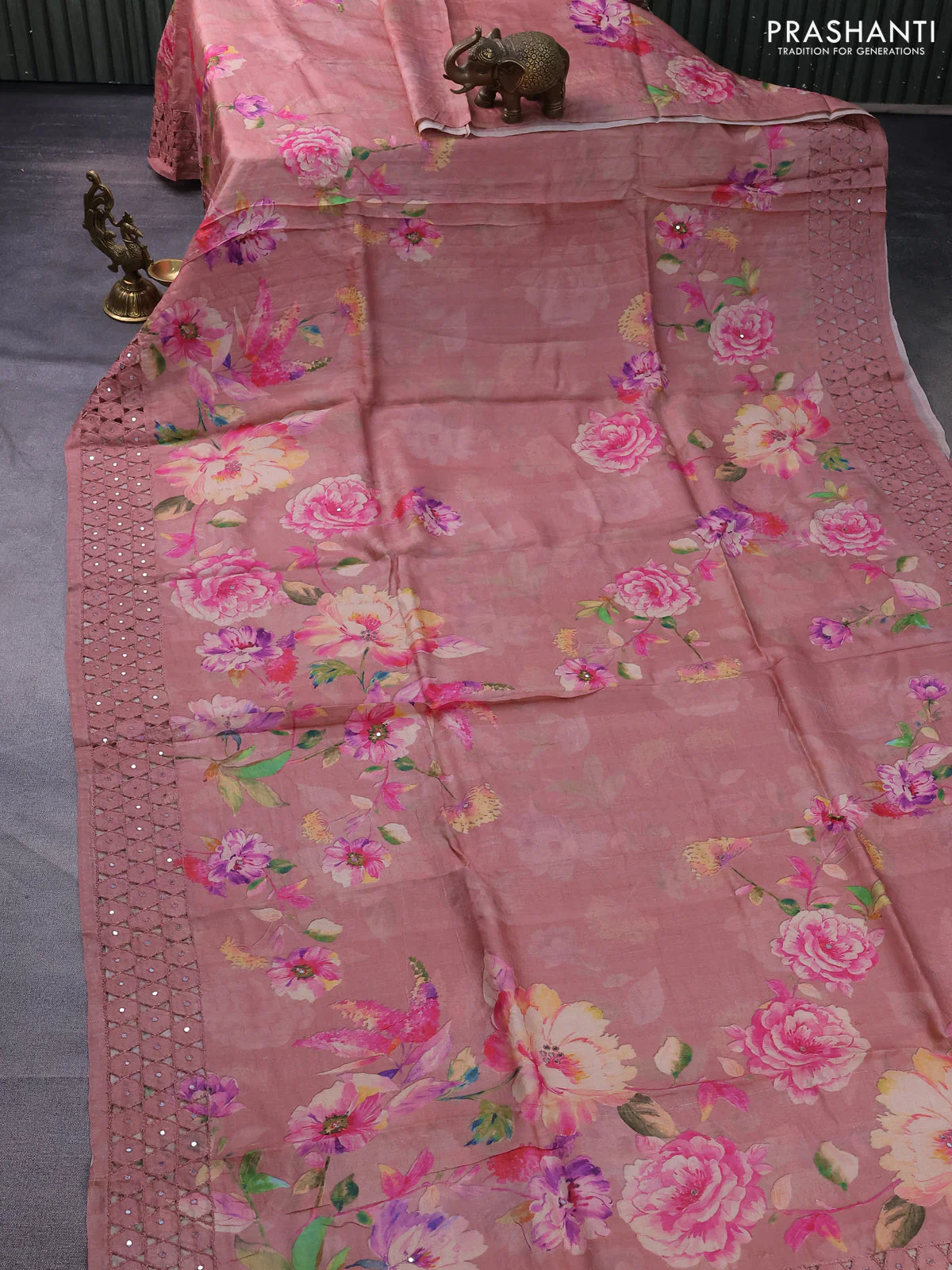 Pure tussar silk saree peach shade with floral digital prints and cut work border - Image 2