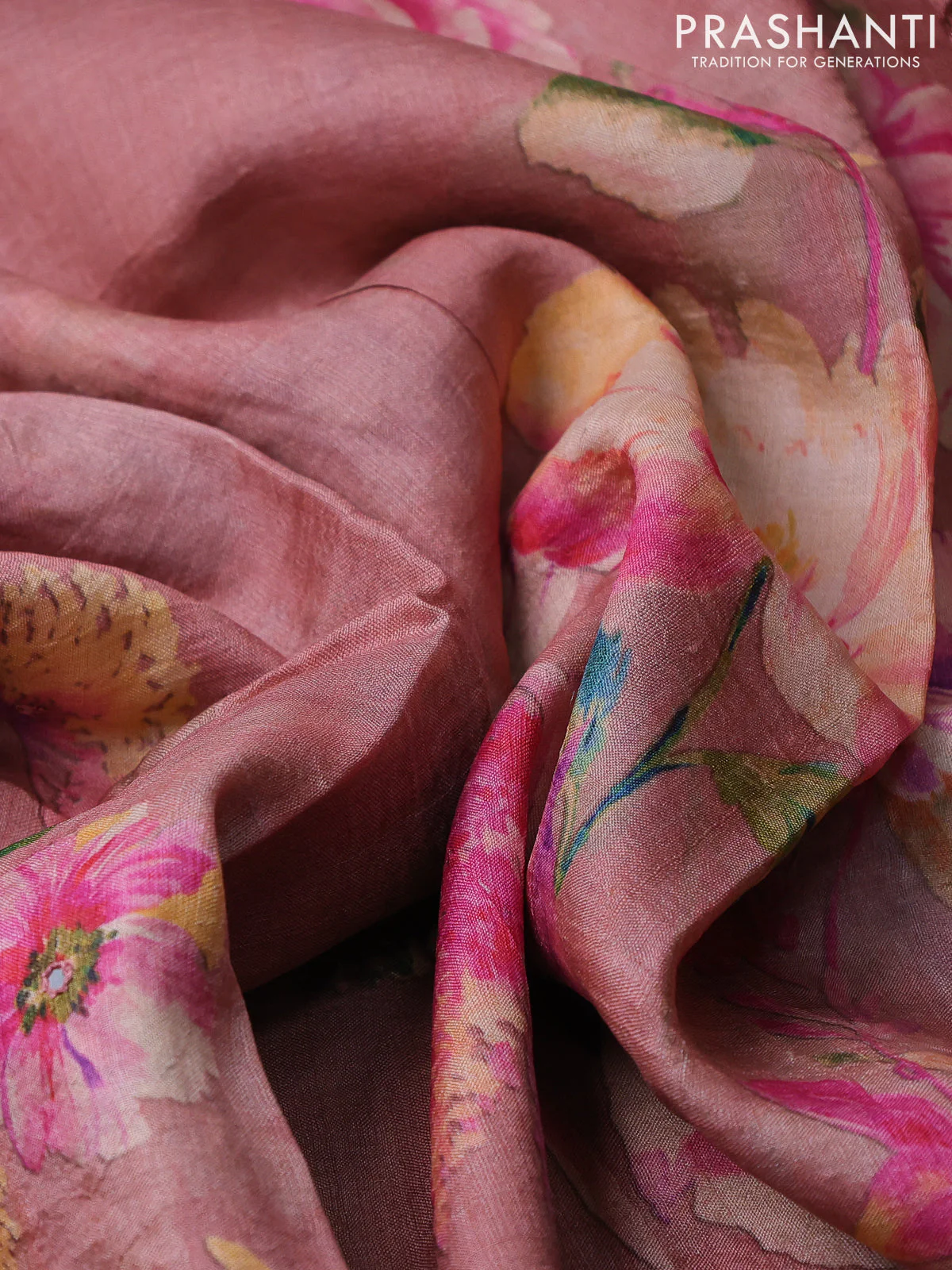 Pure tussar silk saree peach shade with floral digital prints and cut work border - Image 3