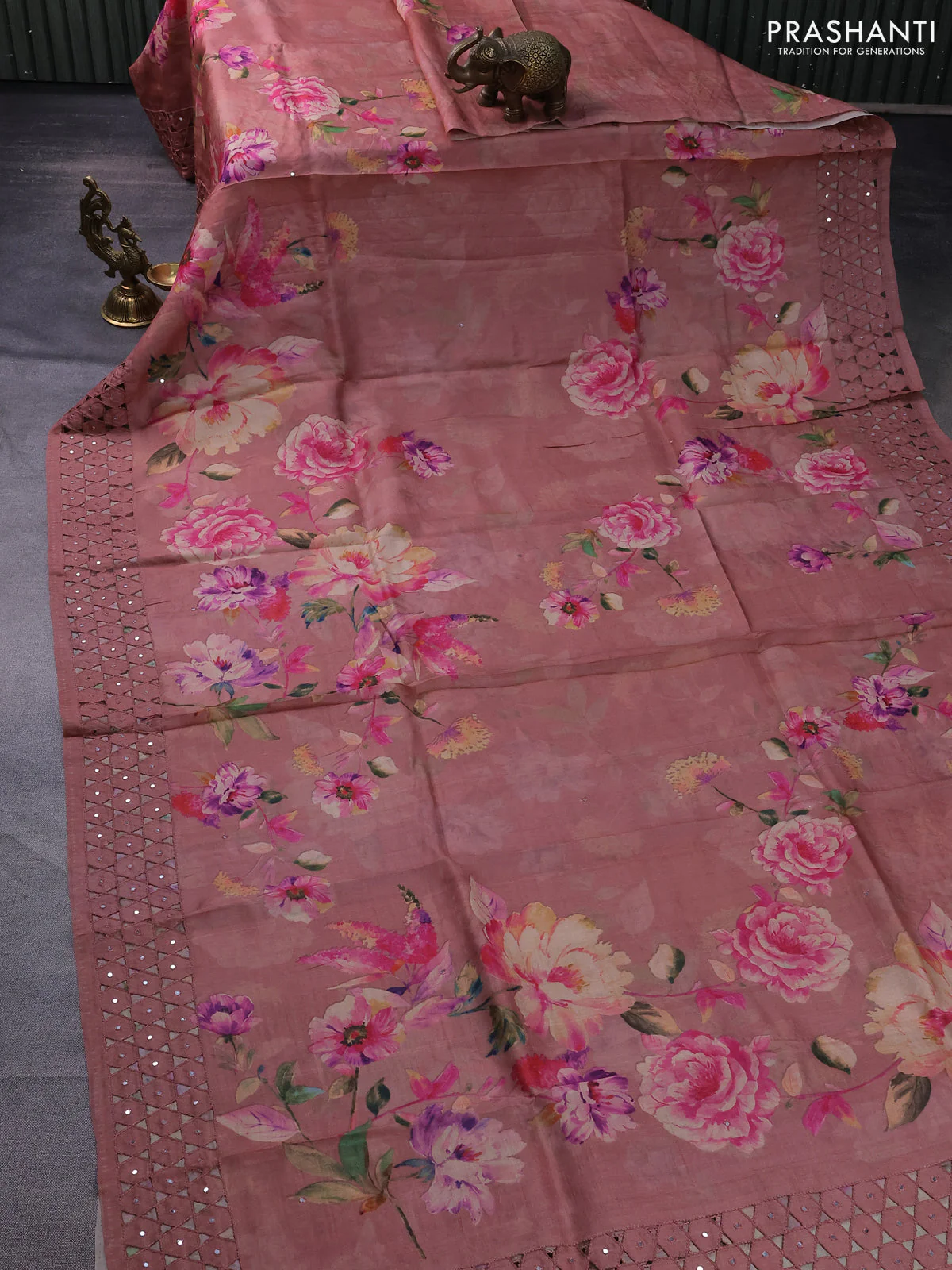 Pure tussar silk saree peach shade with floral digital prints and cut work border - Image 2