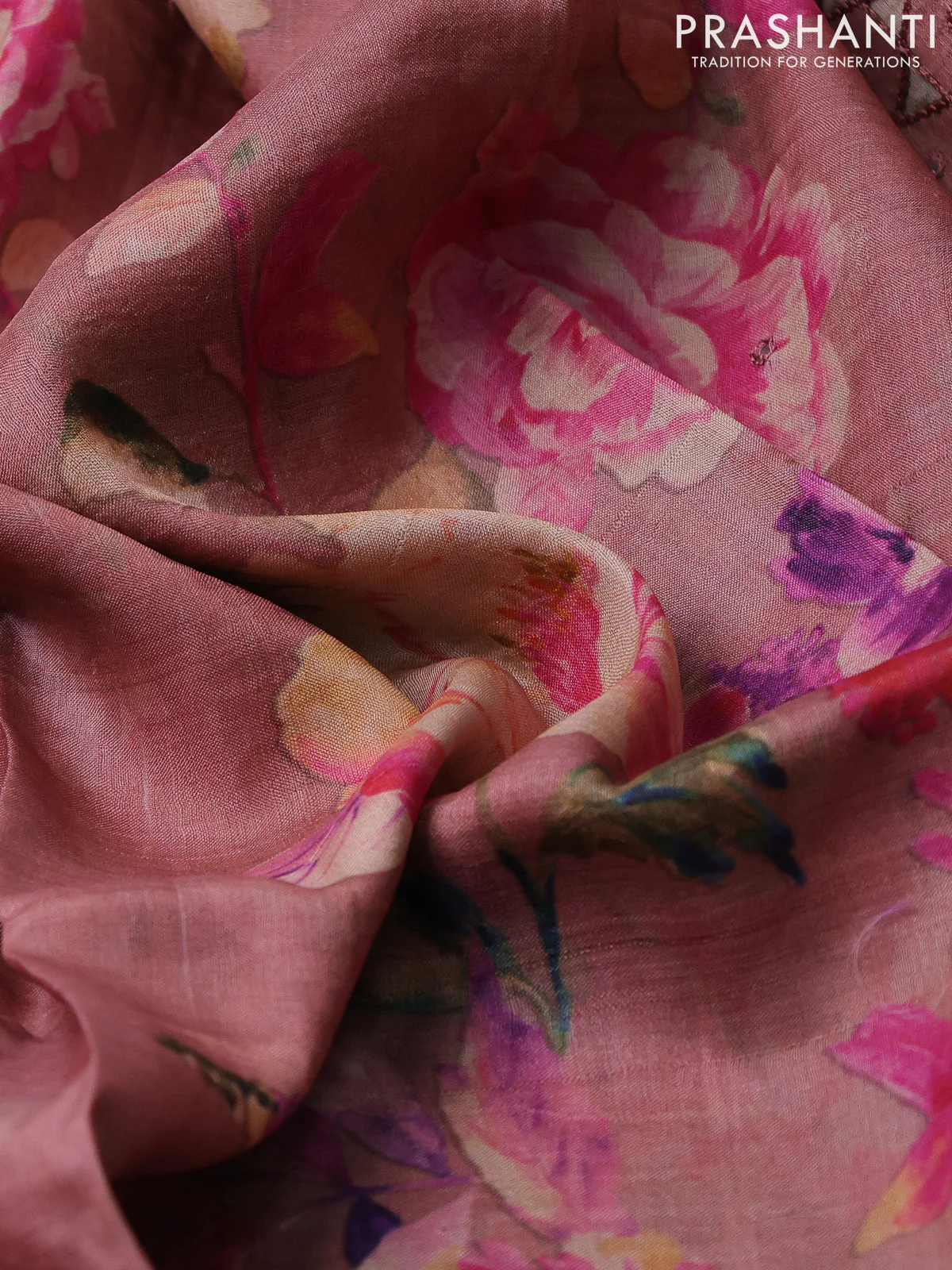 Pure tussar silk saree peach shade with floral digital prints and cut work border - Image 3