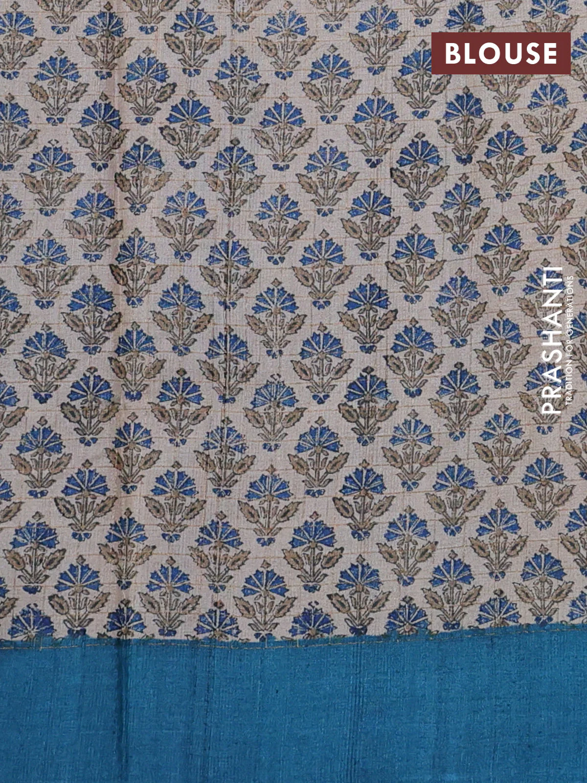 Pure tussar silk saree peacock blue and beige with allover zari checked pattern and printed butta border - Image 3