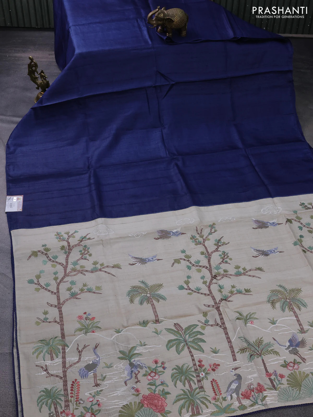 Pure tussar silk saree peacock blue and beige with plain body and embroidery work pallu - Image 2
