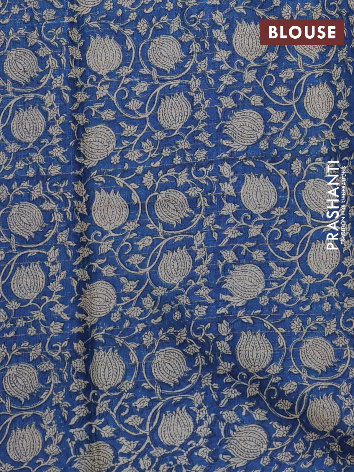 Pure tussar silk saree peacock blue and blue with allover zari checked pattern and kalamkari printed border - Image 3