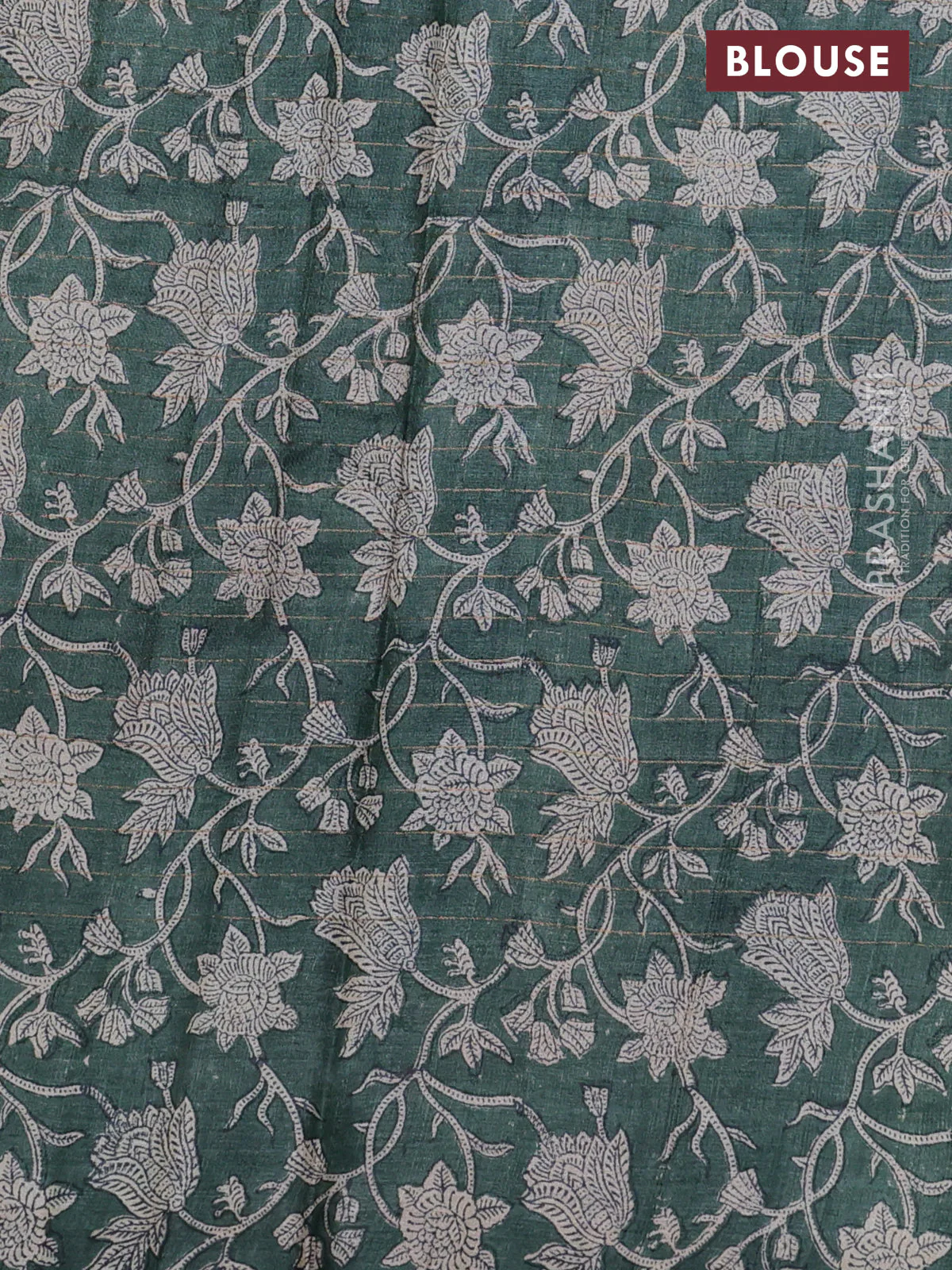 Pure tussar silk saree peacock blue and dark green with allover zari checked pattern and kalamkari printed border - Image 3