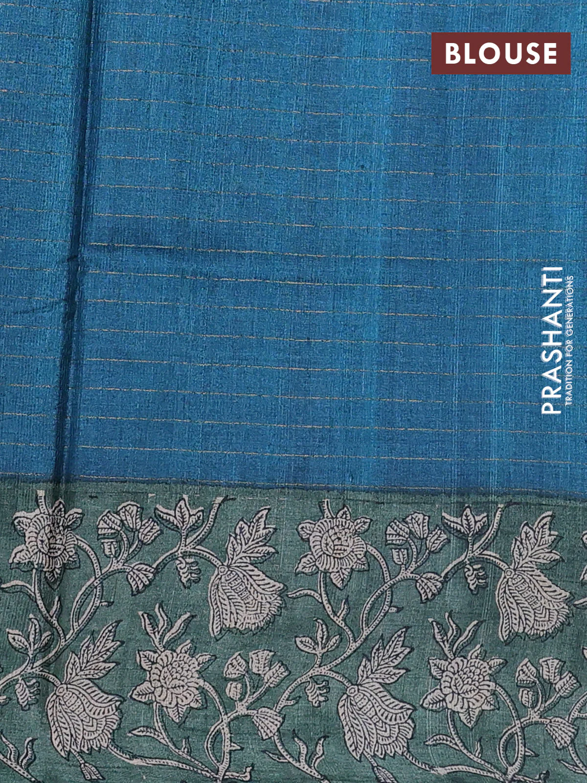 Pure tussar silk saree peacock blue and green shade with allover zari checked pattern and kalamkari printed border - Image 3