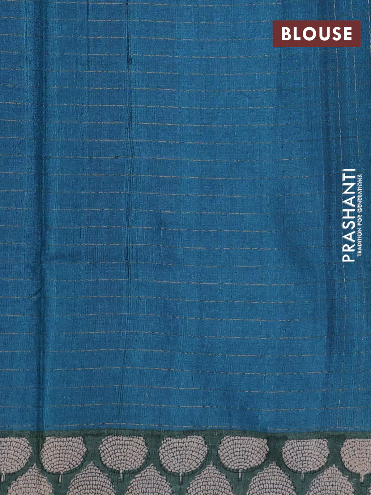 Pure tussar silk saree peacock blue and green shade with allover zari checked pattern and printed butta border - Image 3