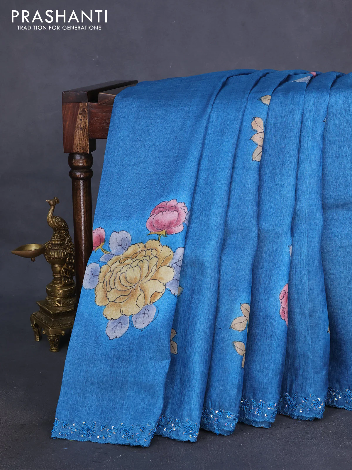 Pure tussar silk saree peacock blue and rust shade with floral hand painted prints and embroidery sequin work border - Image 2