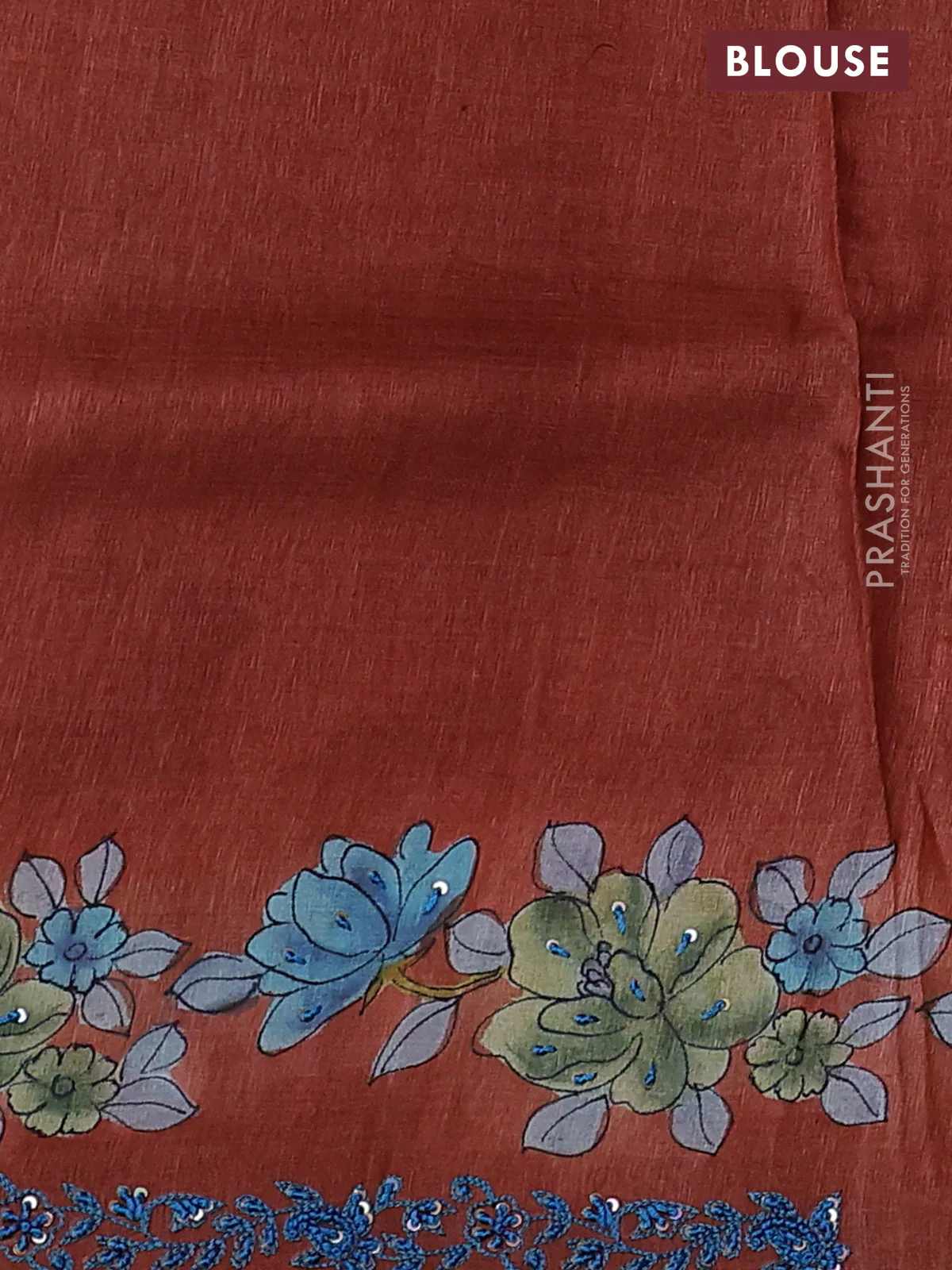 Pure tussar silk saree peacock blue and rust shade with floral hand painted prints and embroidery sequin work border - Image 3