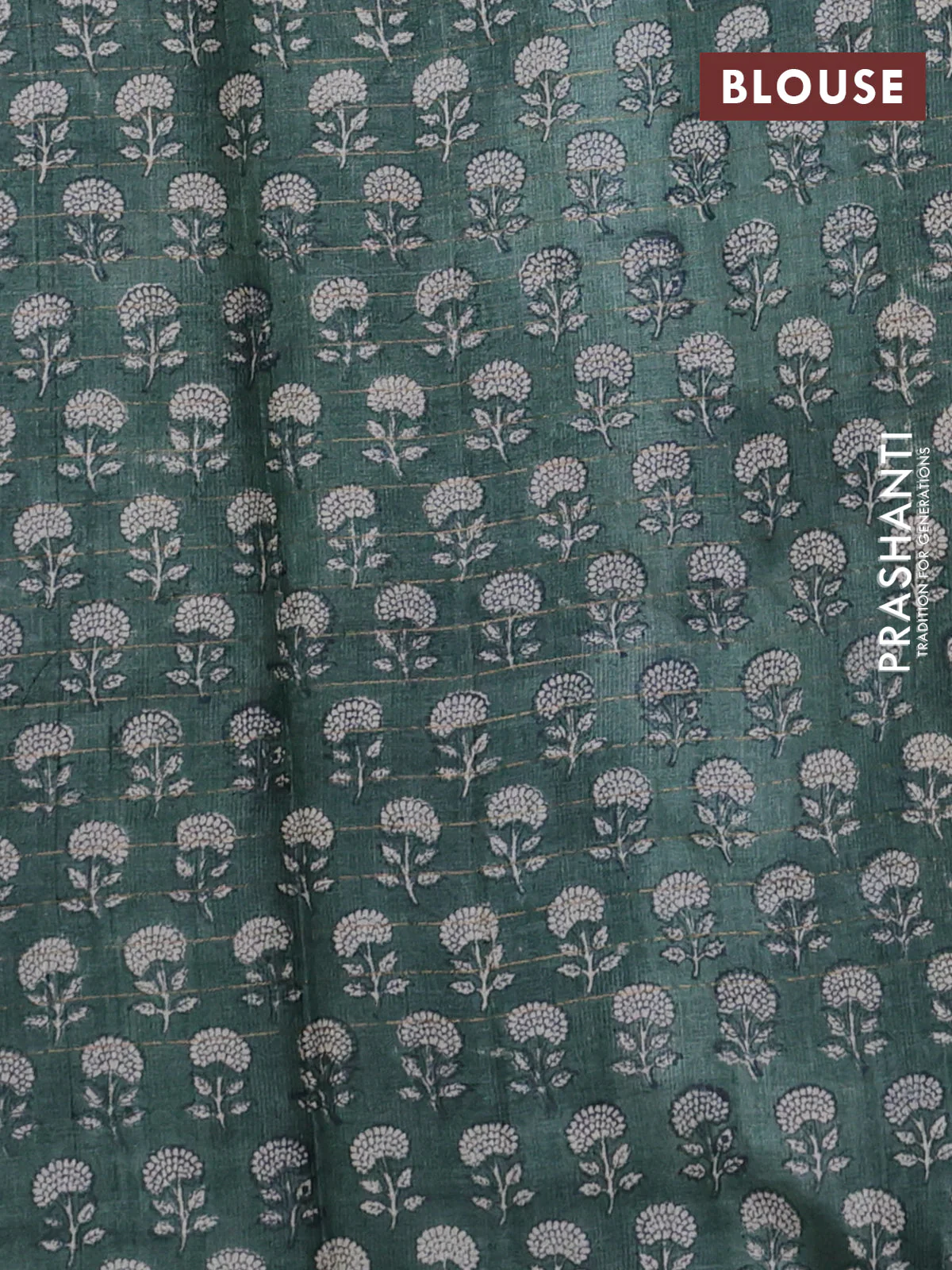 Pure tussar silk saree peacock green and bottle green with allover zari checked pattern and floral printed border - Image 3