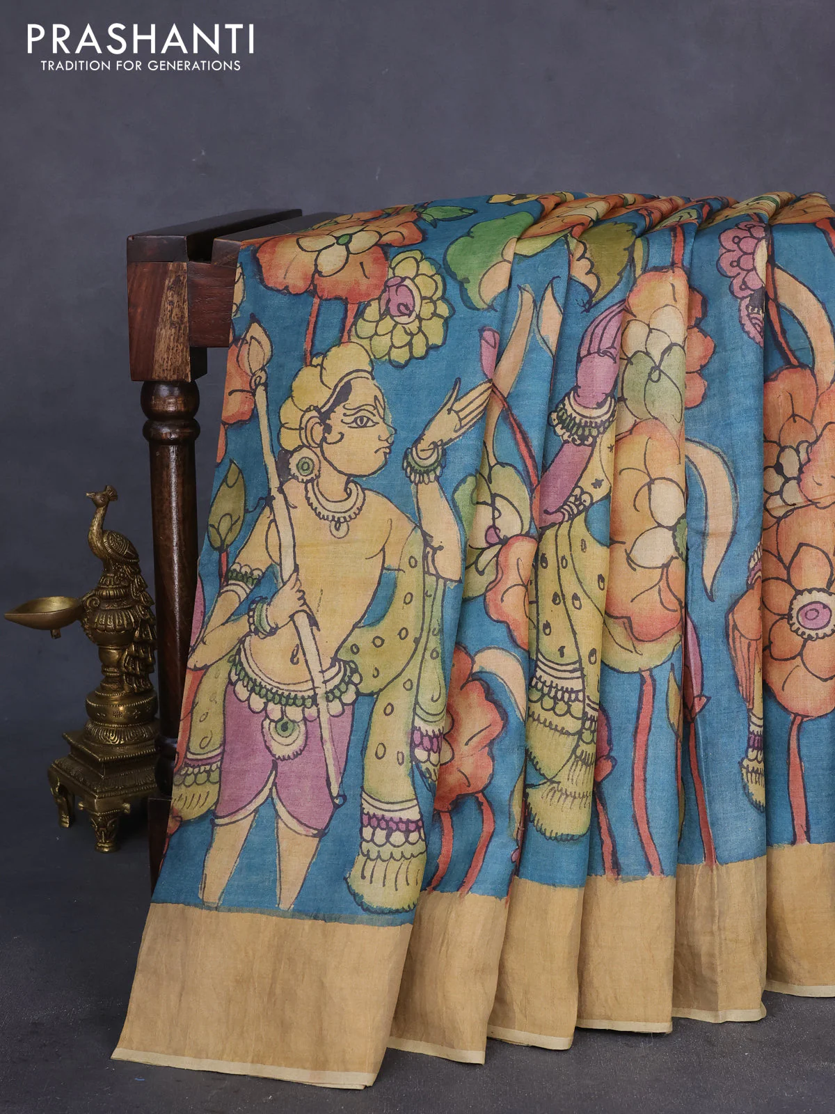 Pure tussar silk saree peacock green and mustard shade with allover penkalamkari prints and zari woven border - Image 2