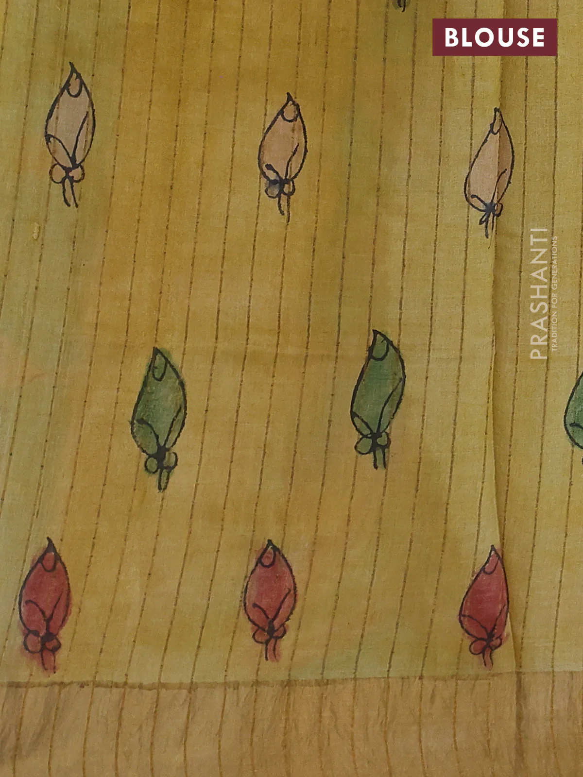Pure tussar silk saree peacock green and mustard shade with allover penkalamkari prints and zari woven border - Image 3