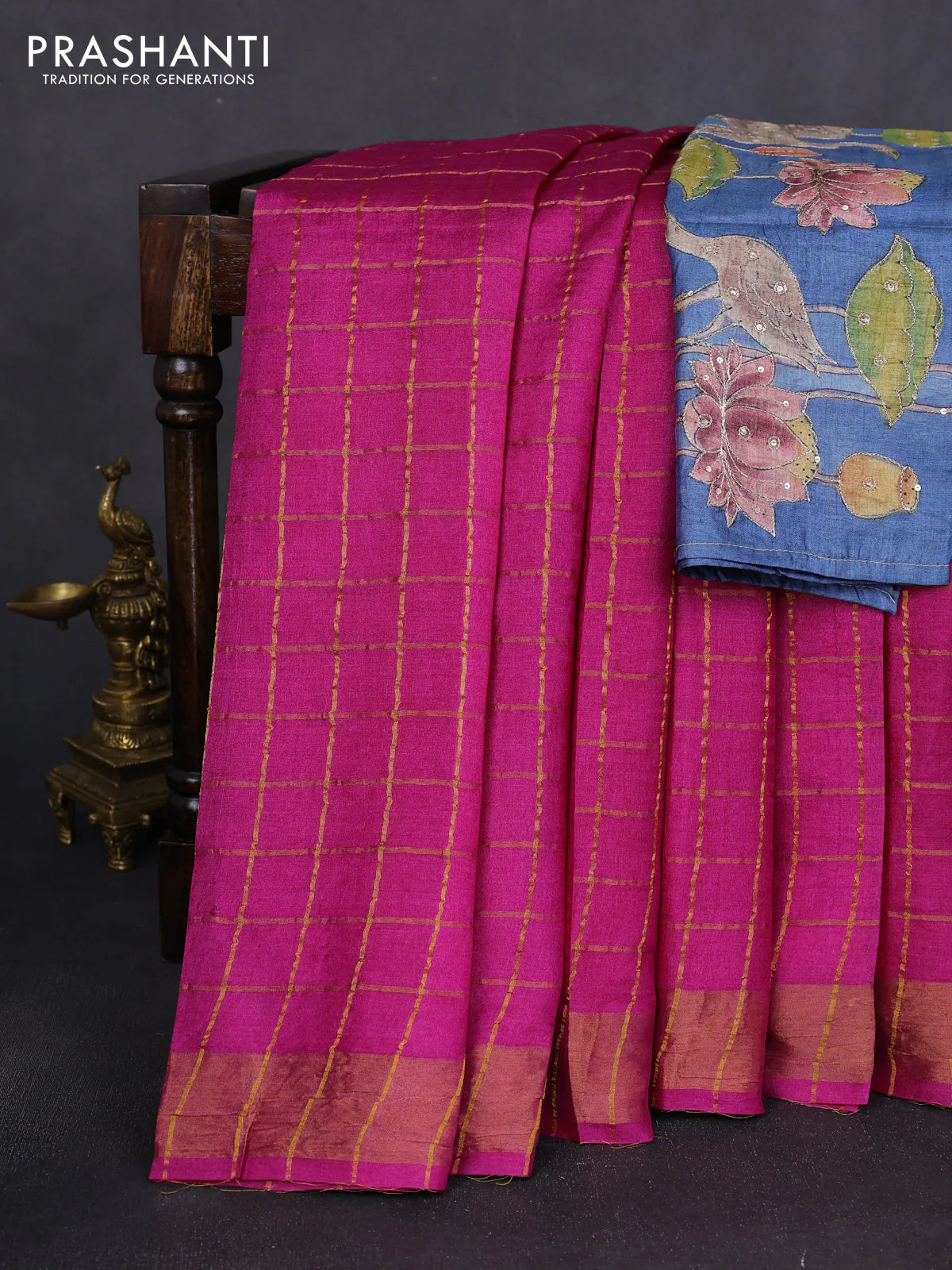 Pure tussar silk saree pink and blue shade with allover zari woven checked pattern and zari woven border