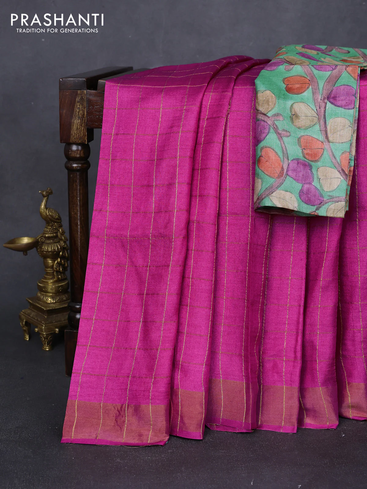 Pure tussar silk saree pink and green with allover zari checked pattern and zari woven border